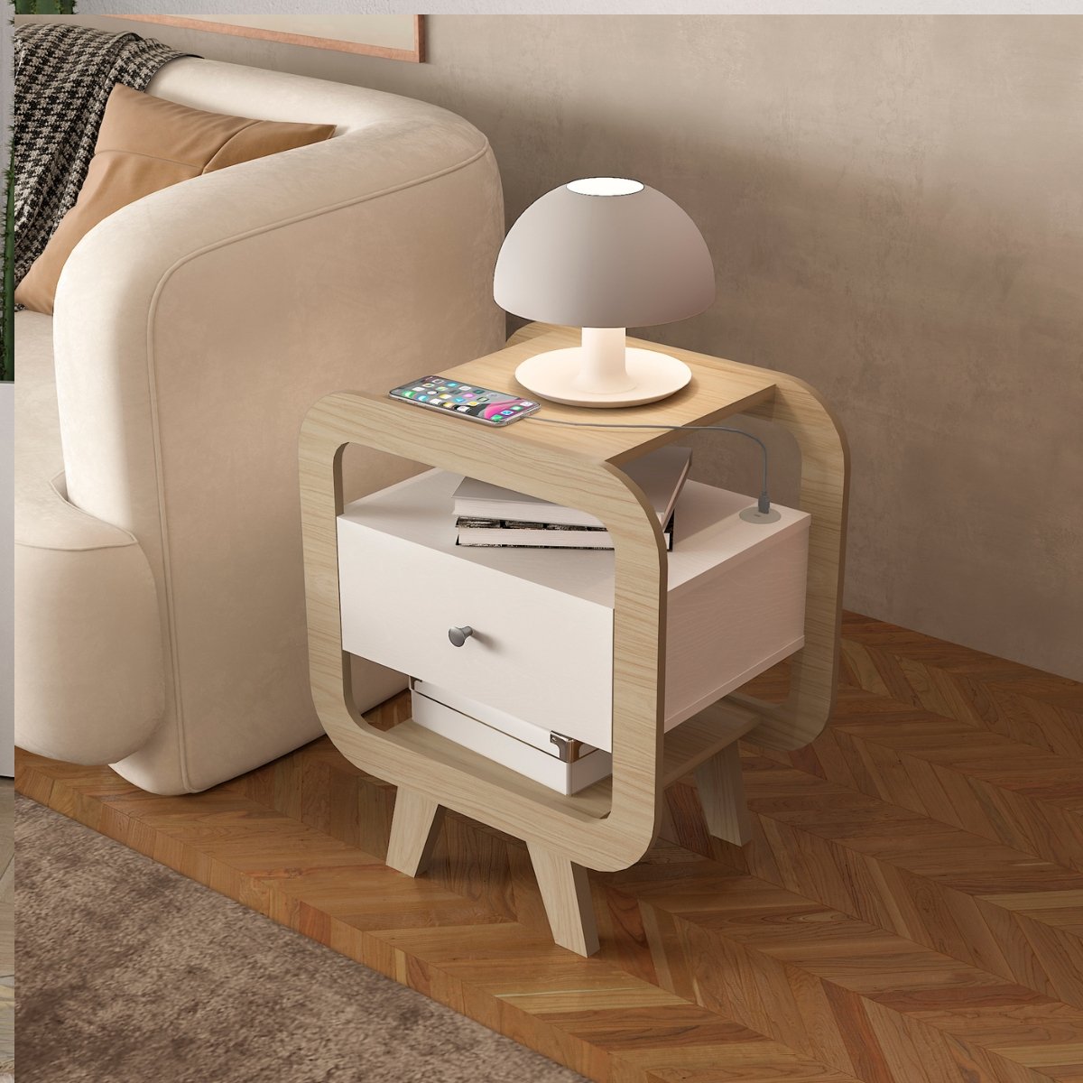 Mesa de Apoio Lateral com USB Artely Theo Naturale / Branco