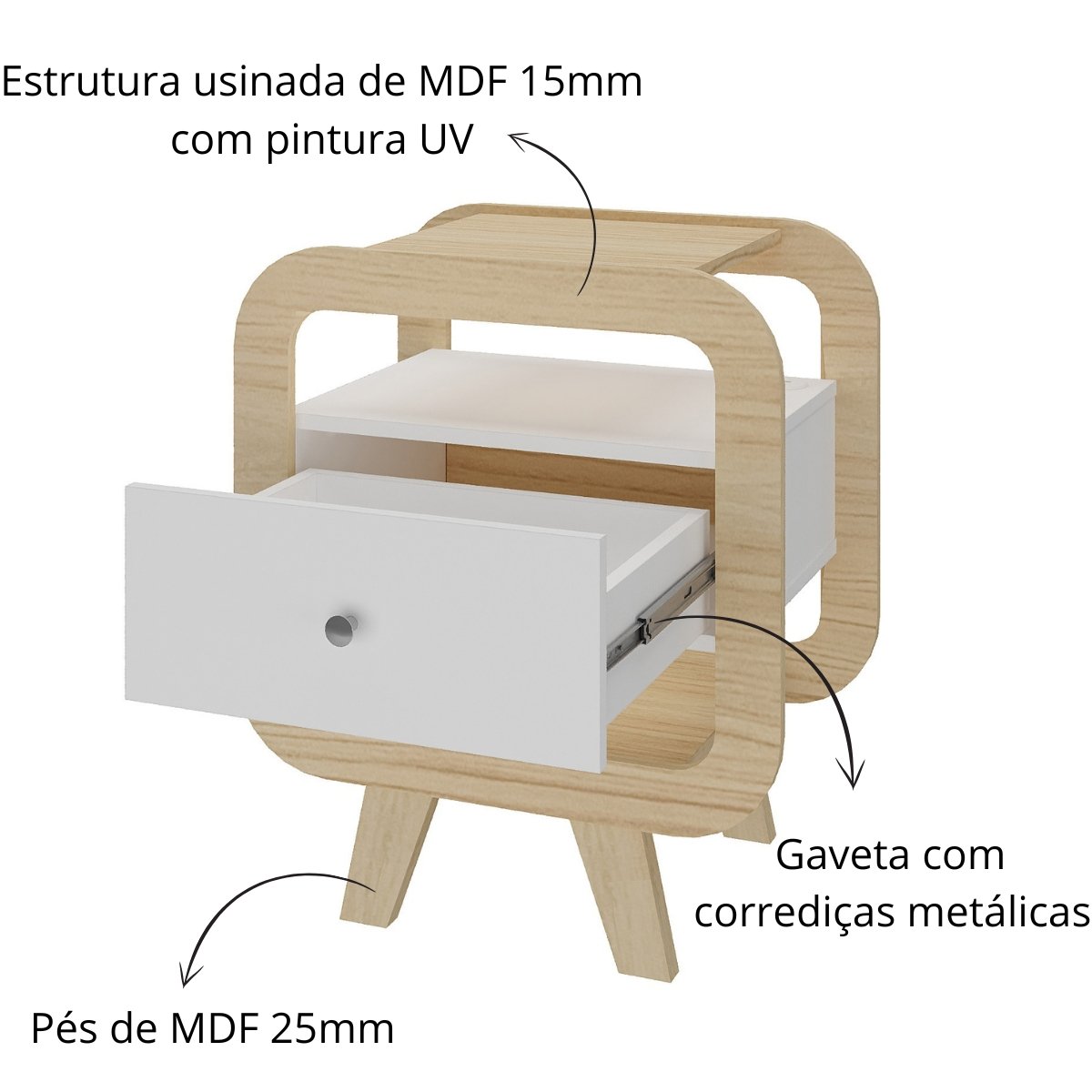 Mesa de Apoio Lateral com USB Artely Theo Naturale / Branco