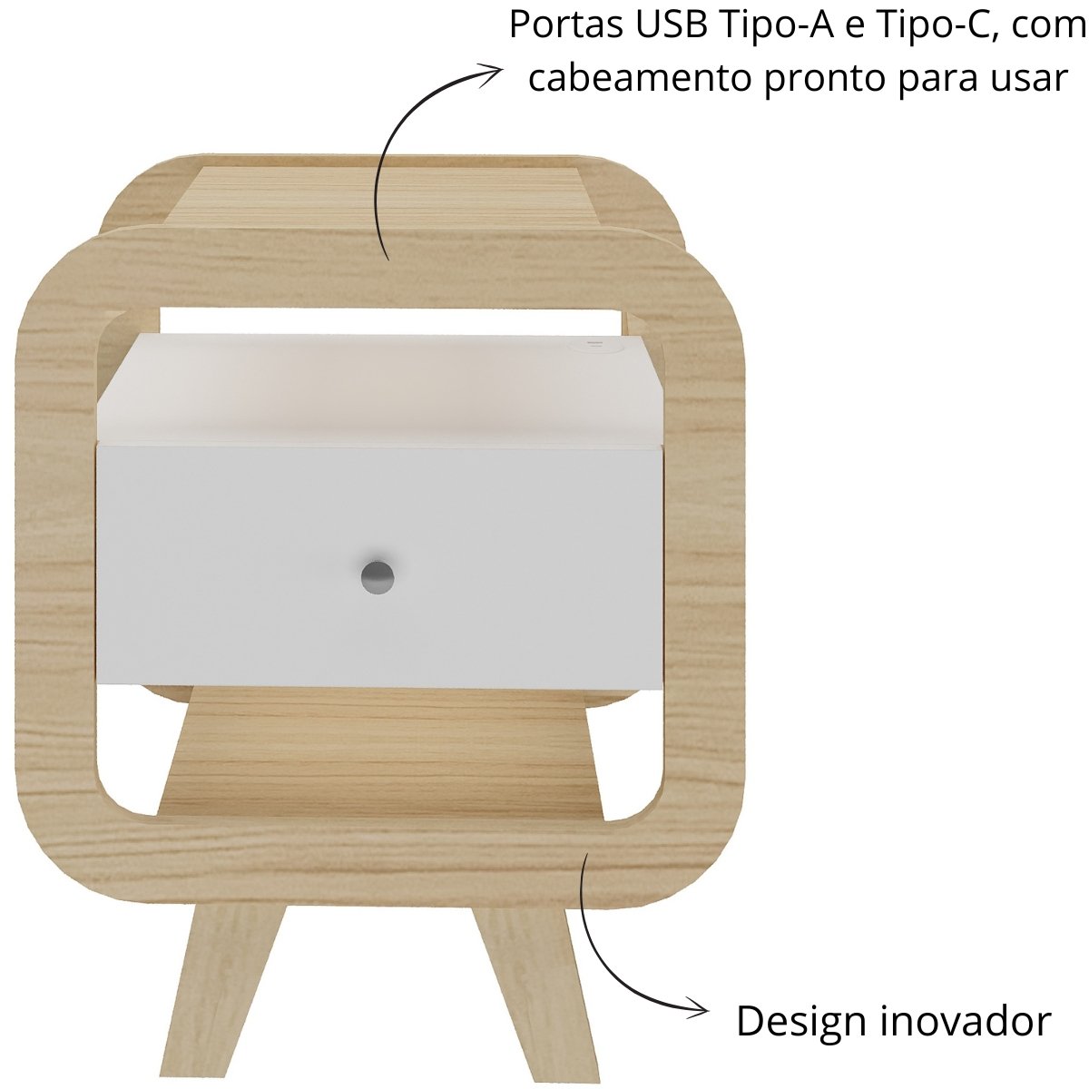 Mesa de Apoio Lateral com USB Artely Theo Naturale / Branco