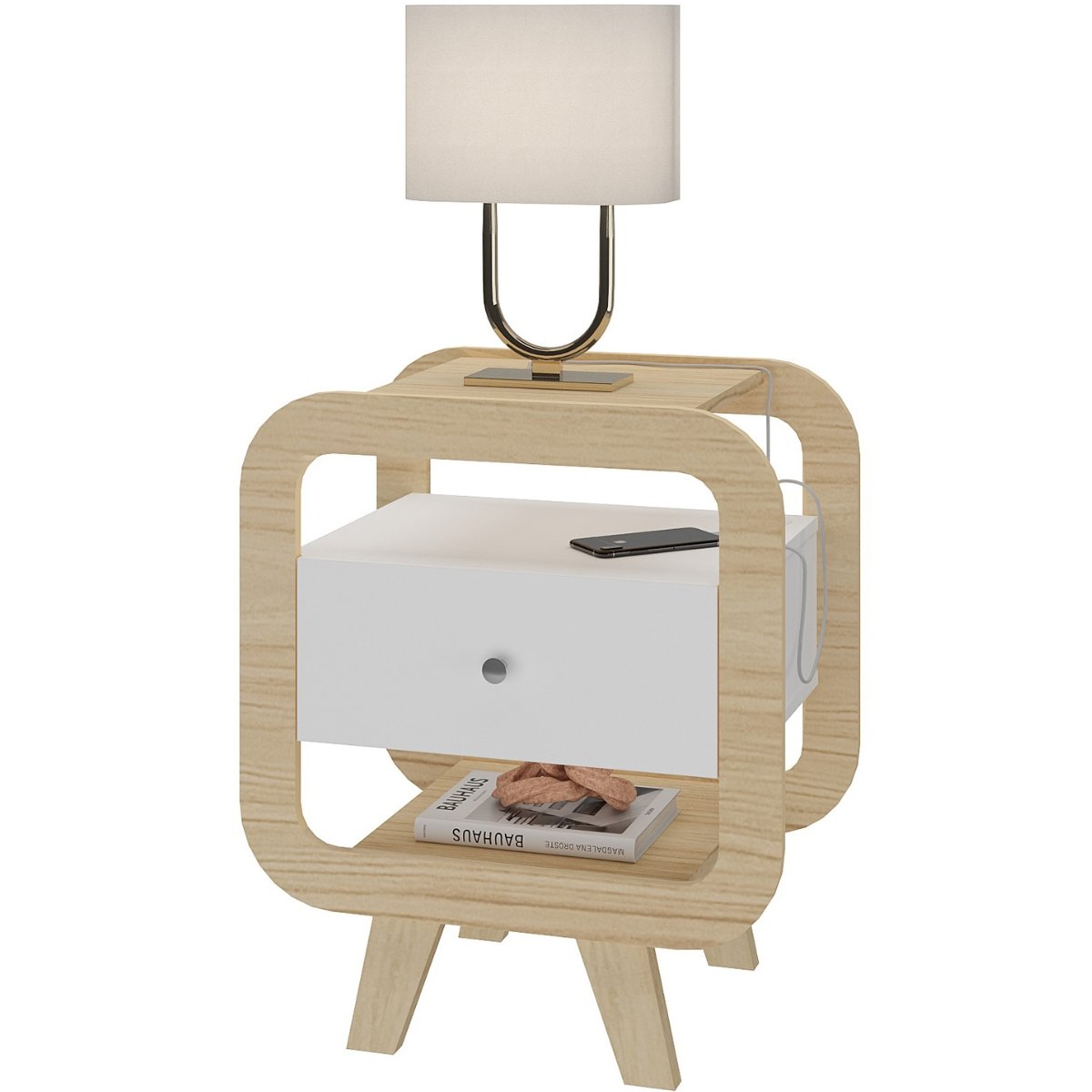 Mesa de Apoio Lateral com USB Artely Theo Naturale / Branco