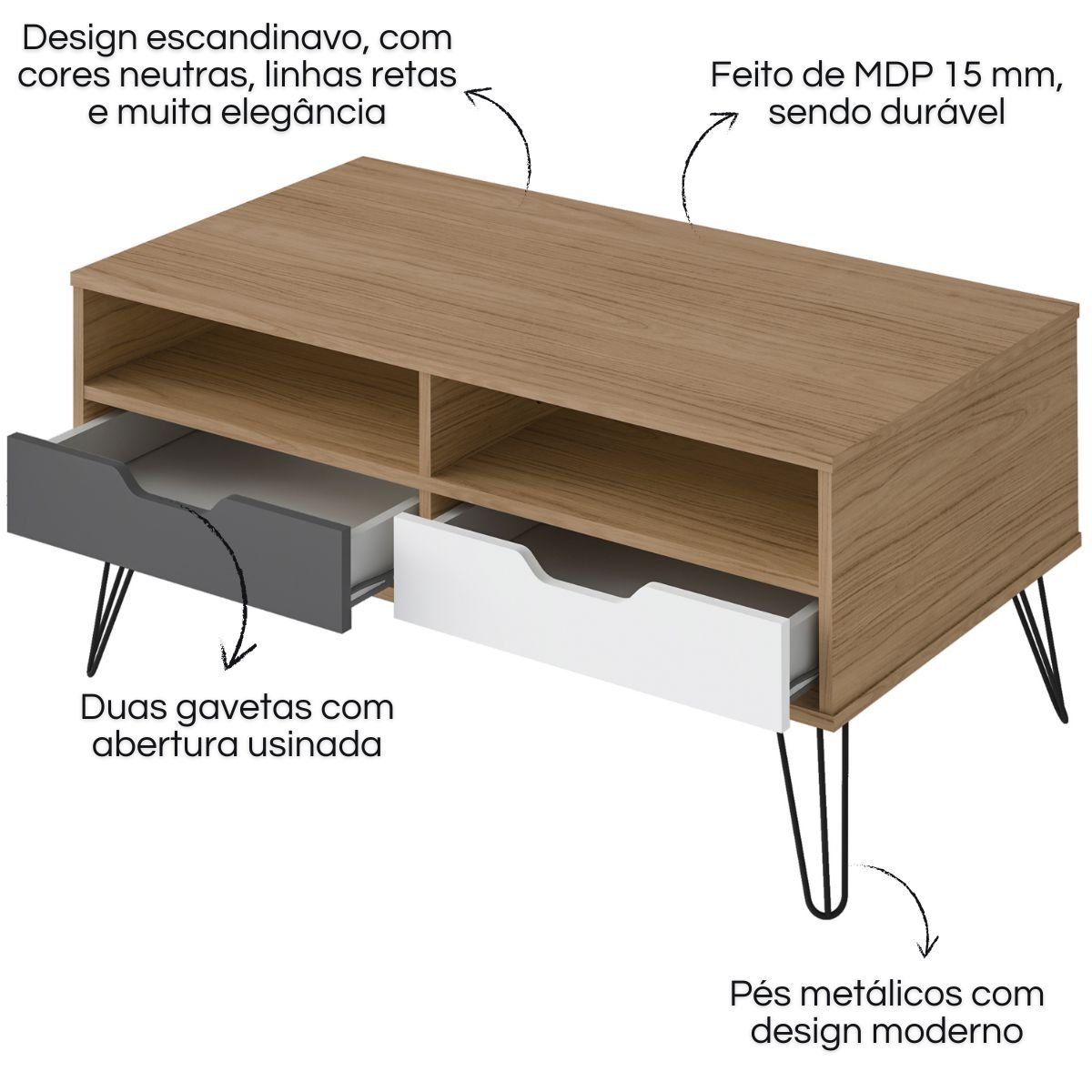 Mesa de Centro Estocolmo Carvalho/Branco/Grafito