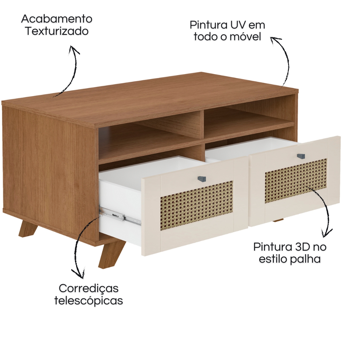 Mesa de Centro Trama 2 Gavetas 2 Prateleiras Cinamomo/Off White