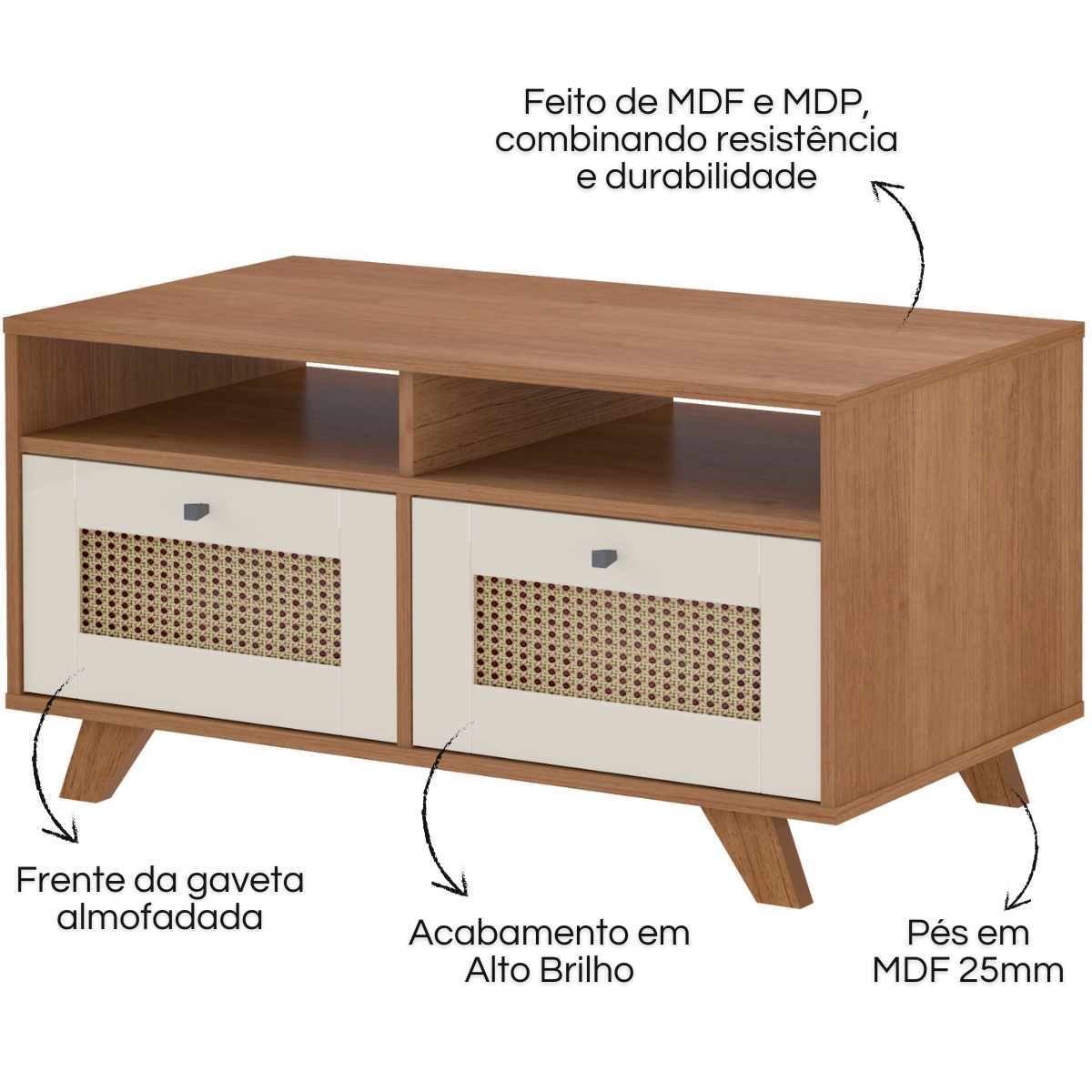 Mesa de Centro Trama 2 Gavetas 2 Prateleiras Cinamomo/Off White