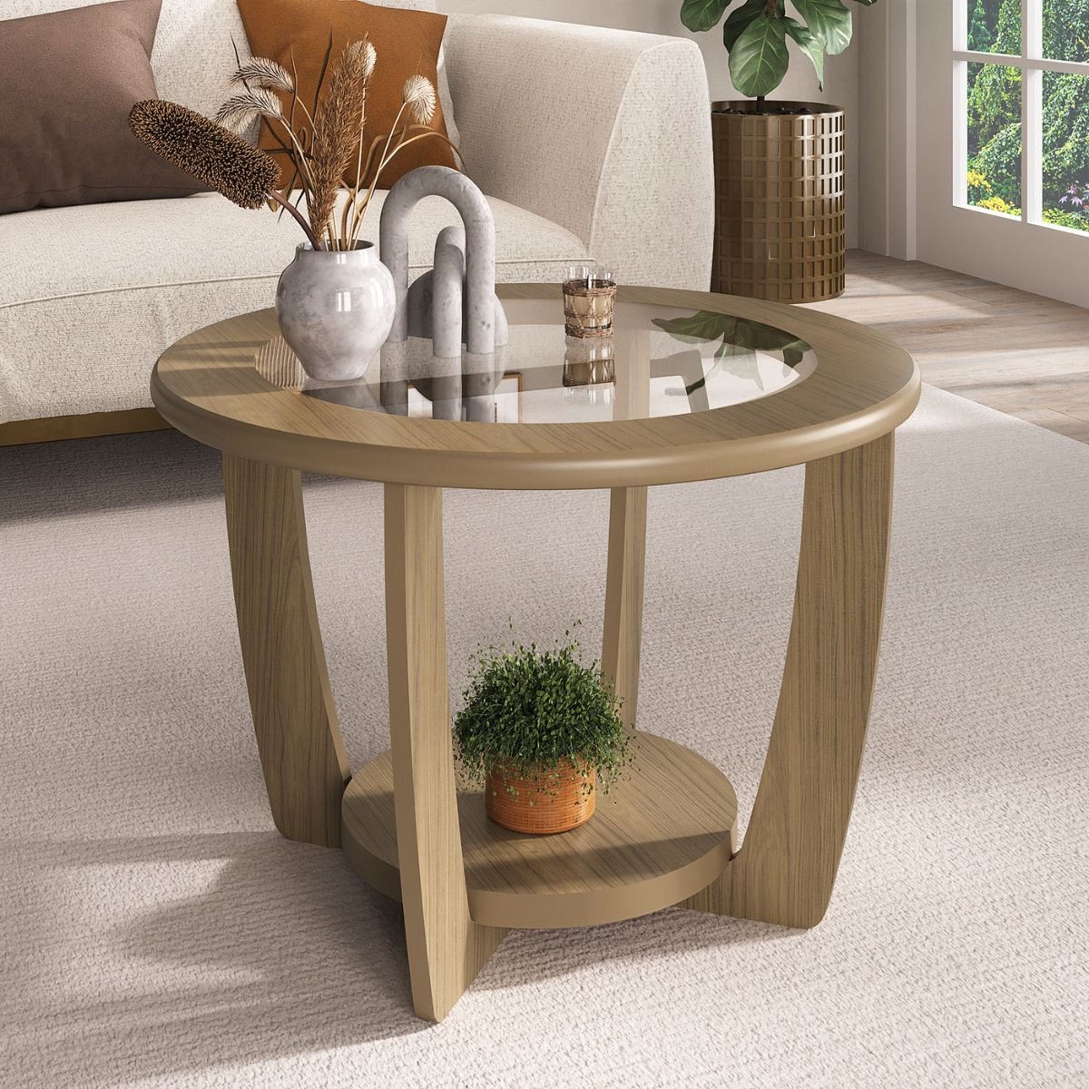 Mesa de Centro com Tampo em Vidro - Curve Carvalho