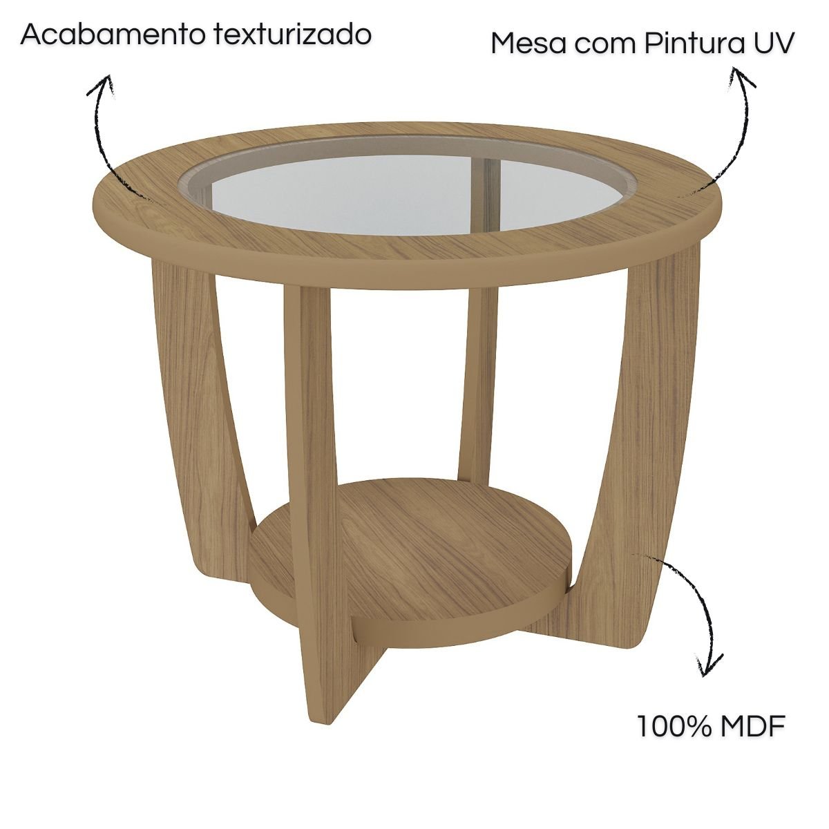 Mesa de Centro com Tampo em Vidro - Curve Carvalho