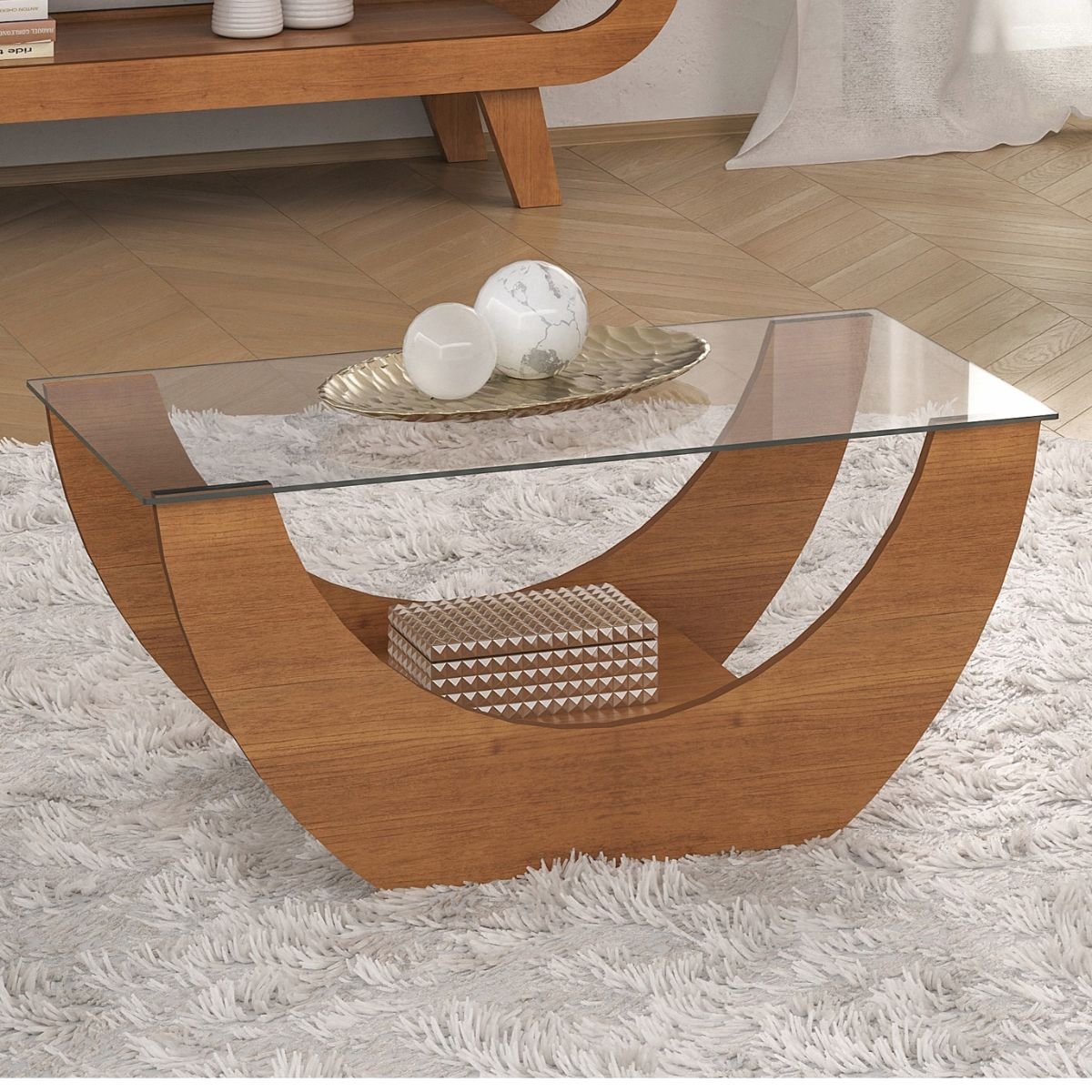 Mesa de Centro com Tampo em Vidro - Onda Cinamomo