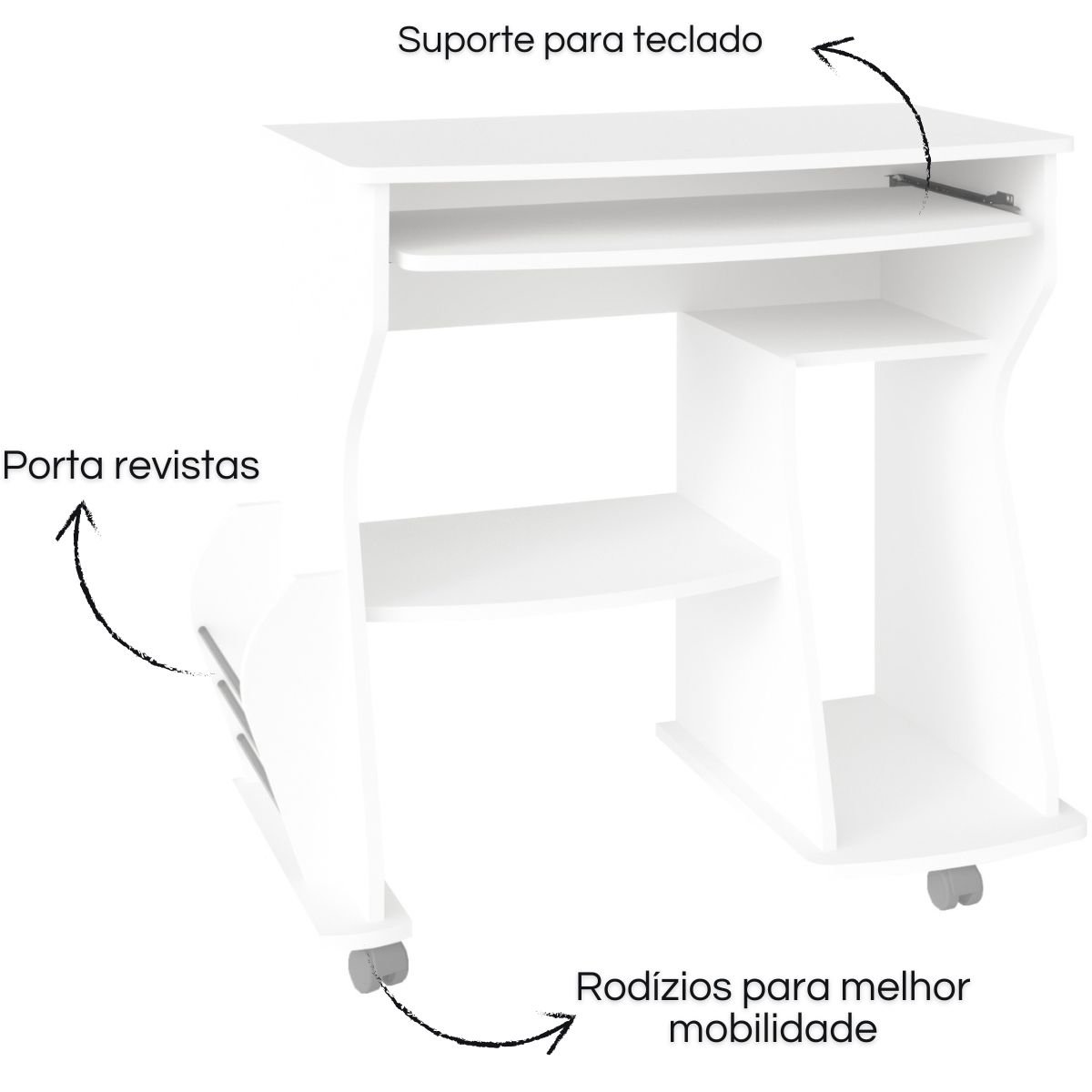 Mesa para Computador 160 com 3 Nichos e Porta Revistas Branco