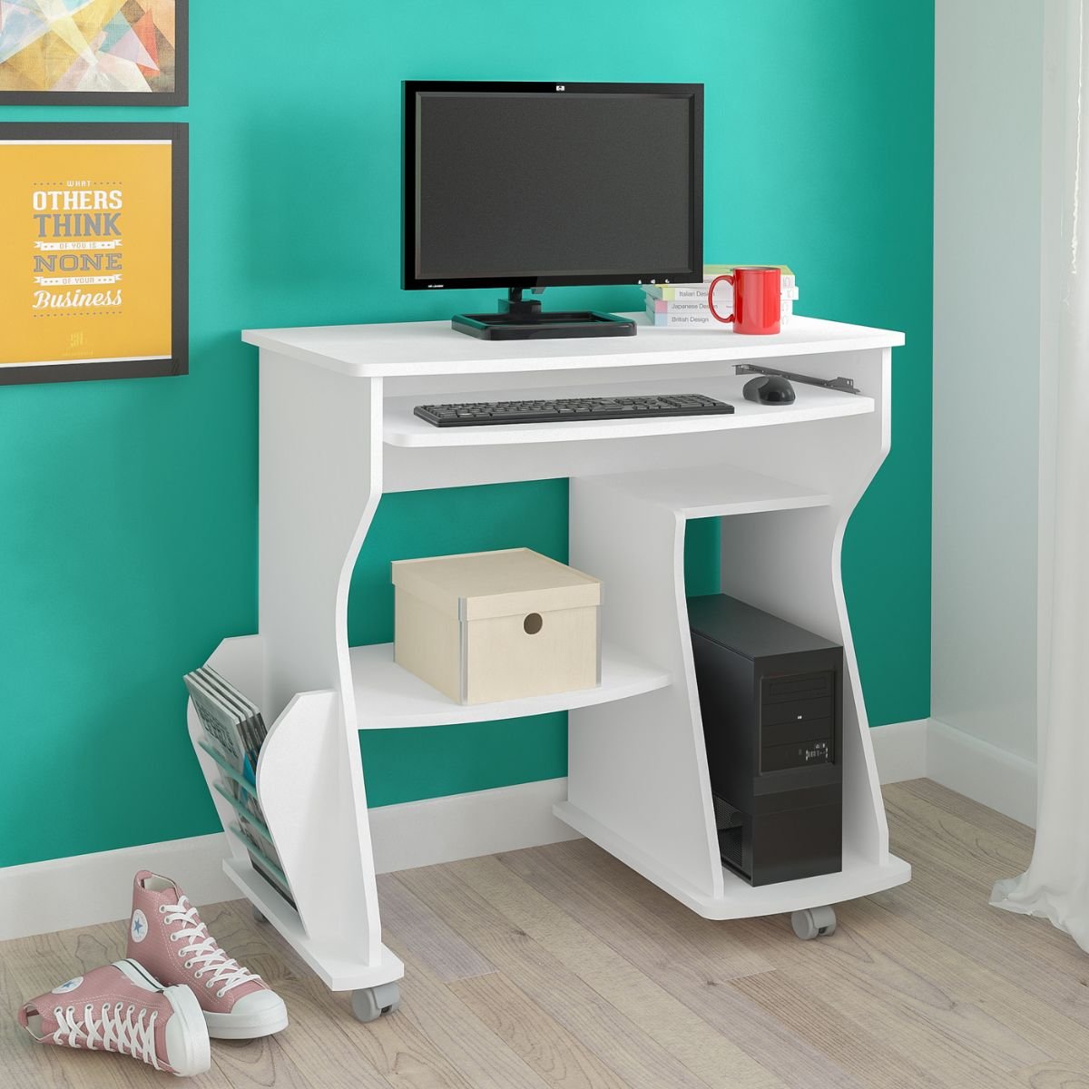 Mesa para Computador 160 com 3 Nichos e Porta Revistas Branco