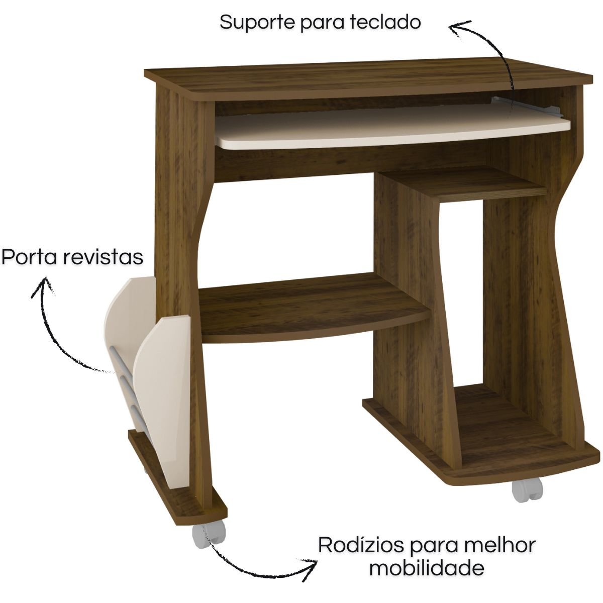Mesa para Computador 160 com 3 Nichos e Porta Revistas Pinho / Off White