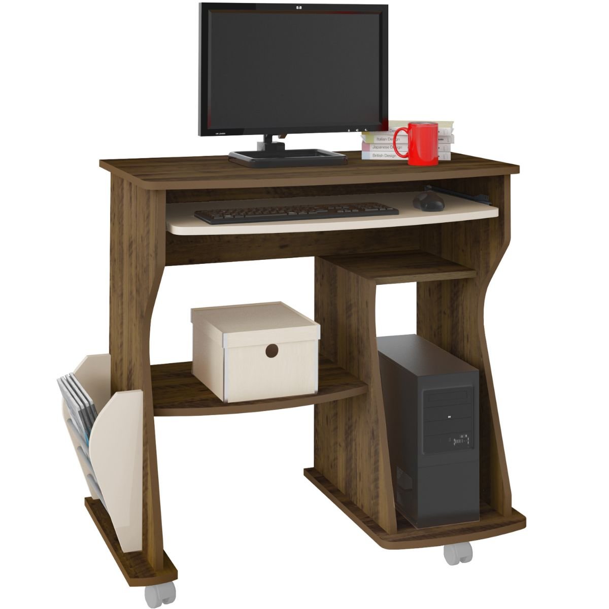 Mesa para Computador 160 com 3 Nichos e Porta Revistas Pinho / Off White