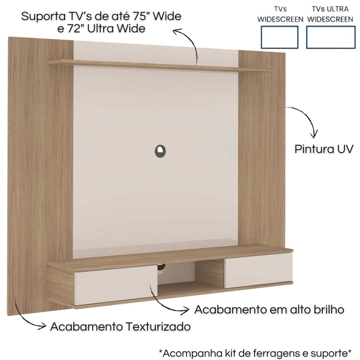 Painel Nevada Tv 75 com Prateleira e 2 Portas Carvalho - Off White