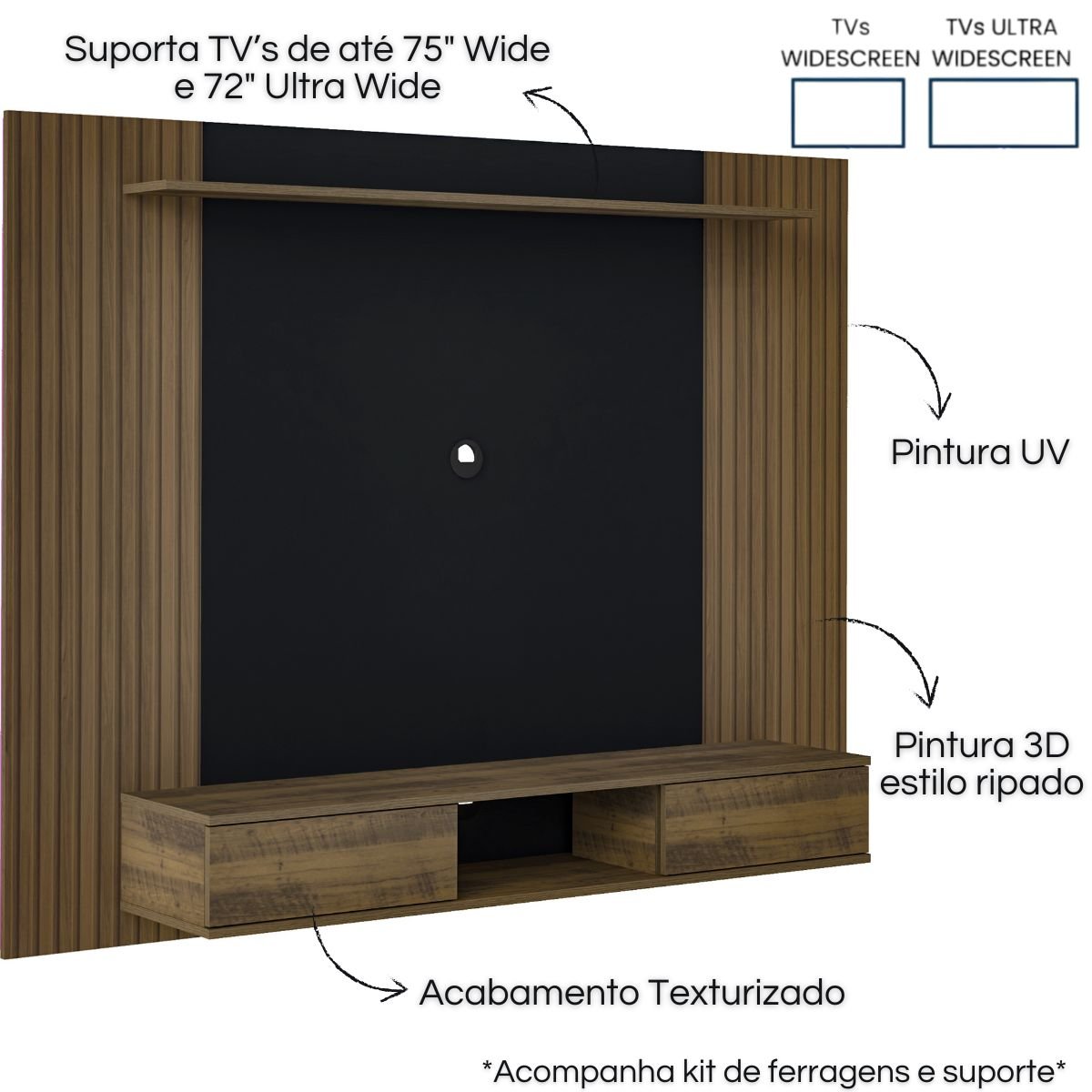 Painel Nevada Tv 75 com Prateleira e 2 Portas Pinho / Preto