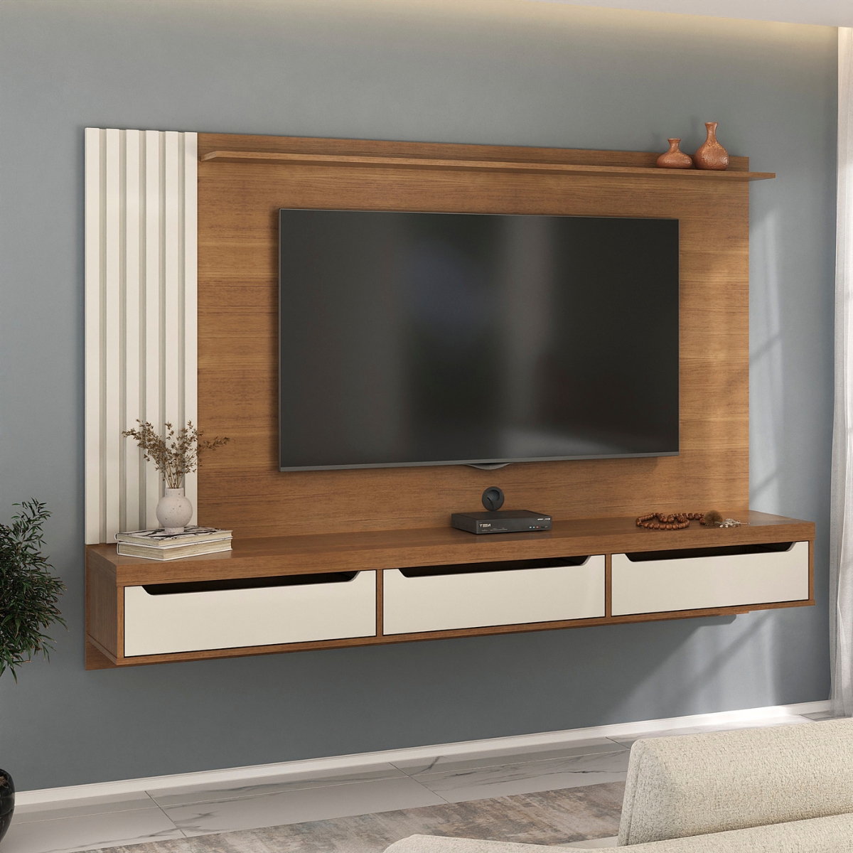 Painel Ripado para TVs de 75' Mallet Cinamomo Off White