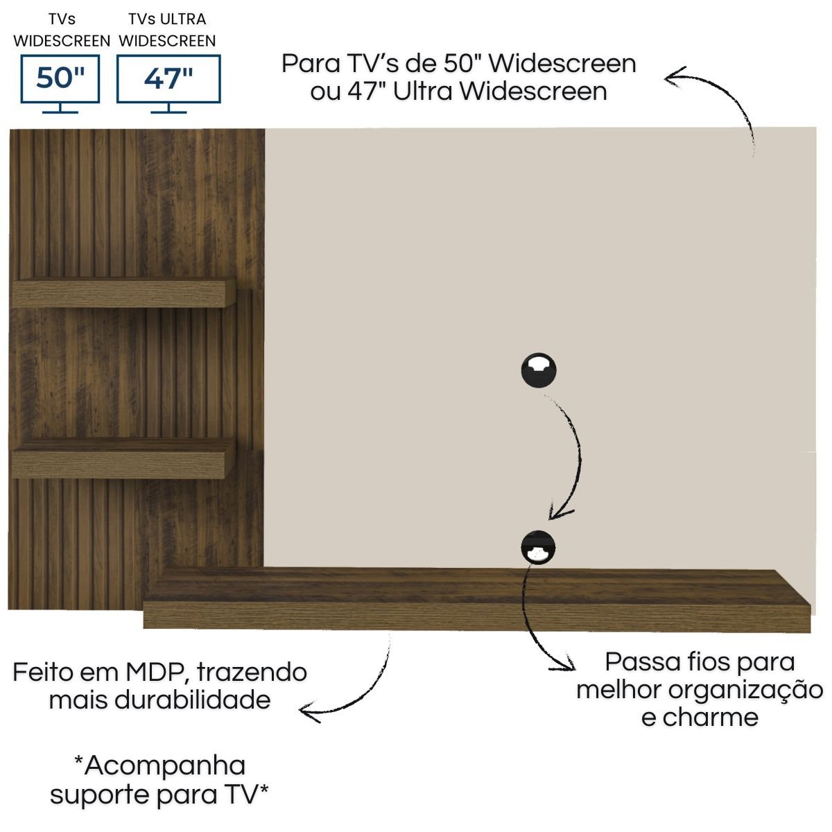 Painel TV 50" Chess Pinho Ripado/Off White
