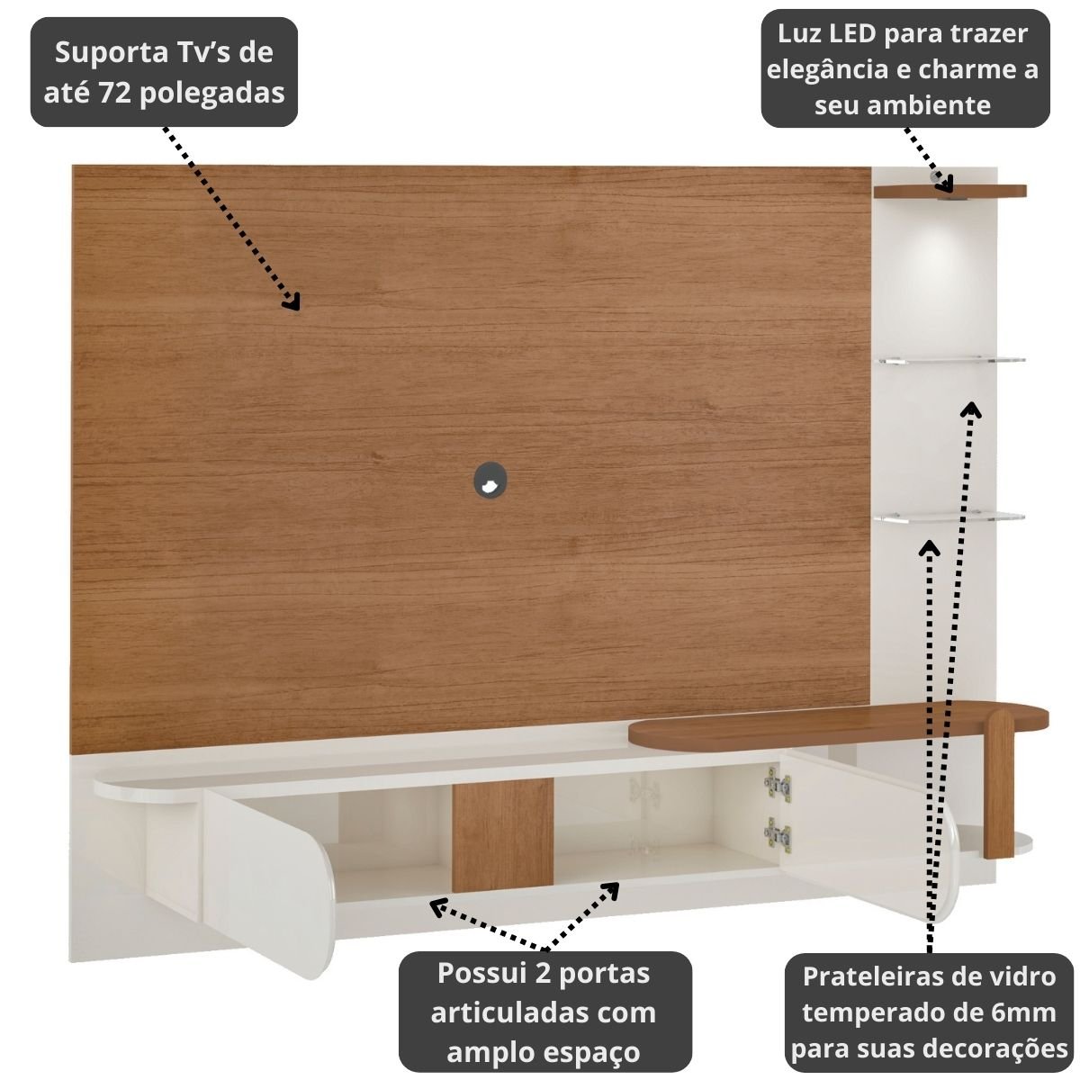 Painel Tv 72 Led e Prateleiras de Vidro Toronto Cinamomo/Off White