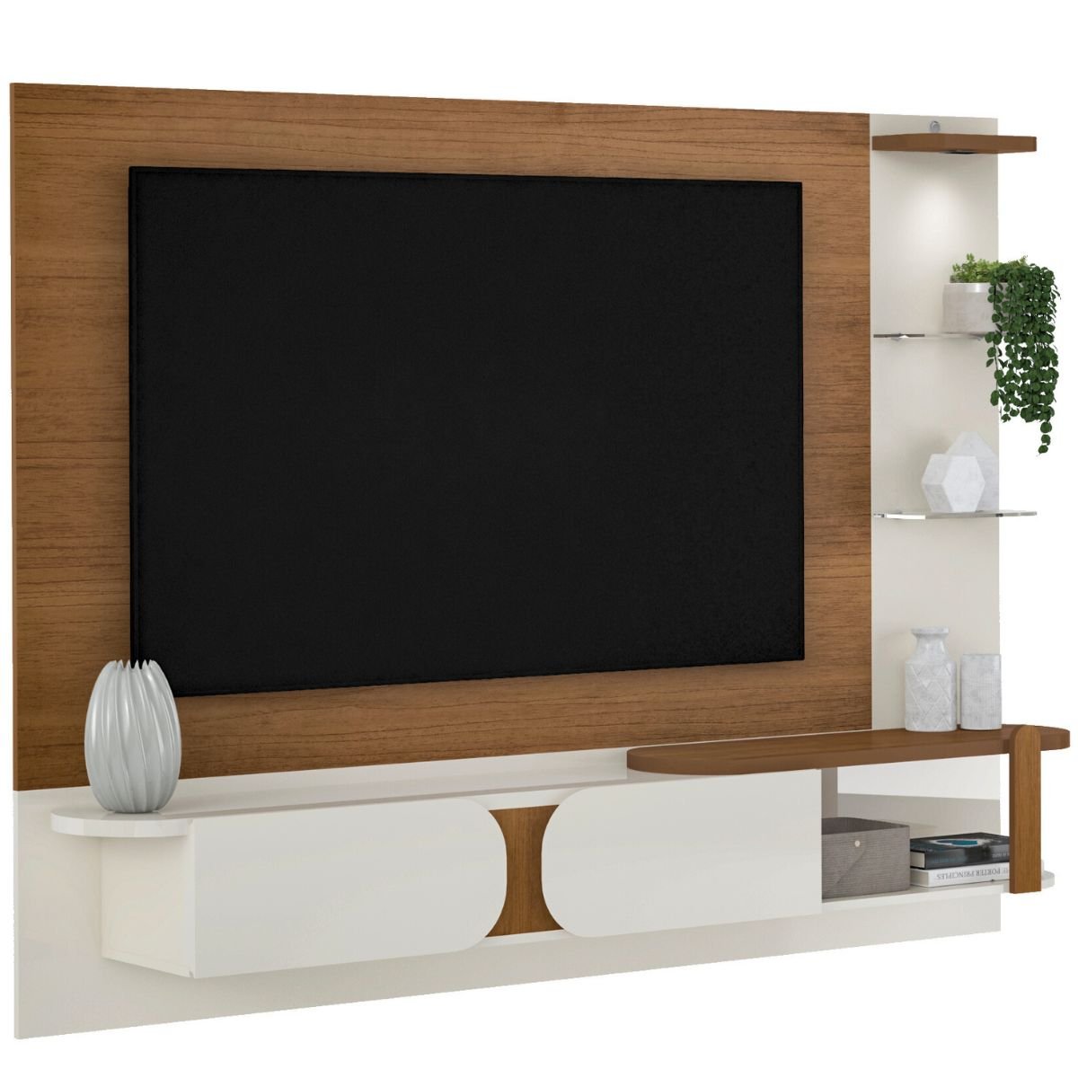 Painel Tv 72 Led e Prateleiras de Vidro Toronto Cinamomo/Off White