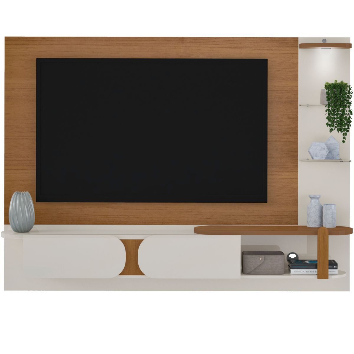Painel Tv 72 Led e Prateleiras de Vidro Toronto Cinamomo/Off White