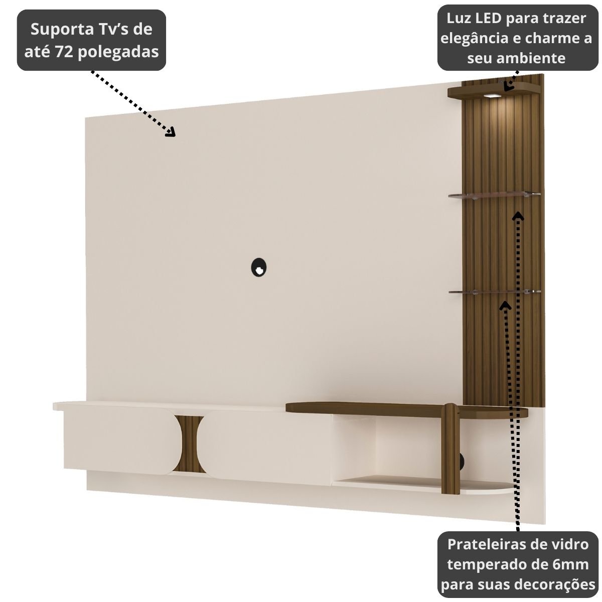 Painel Tv 72 Led e Prateleiras de Vidro Toronto Off White / Pinho