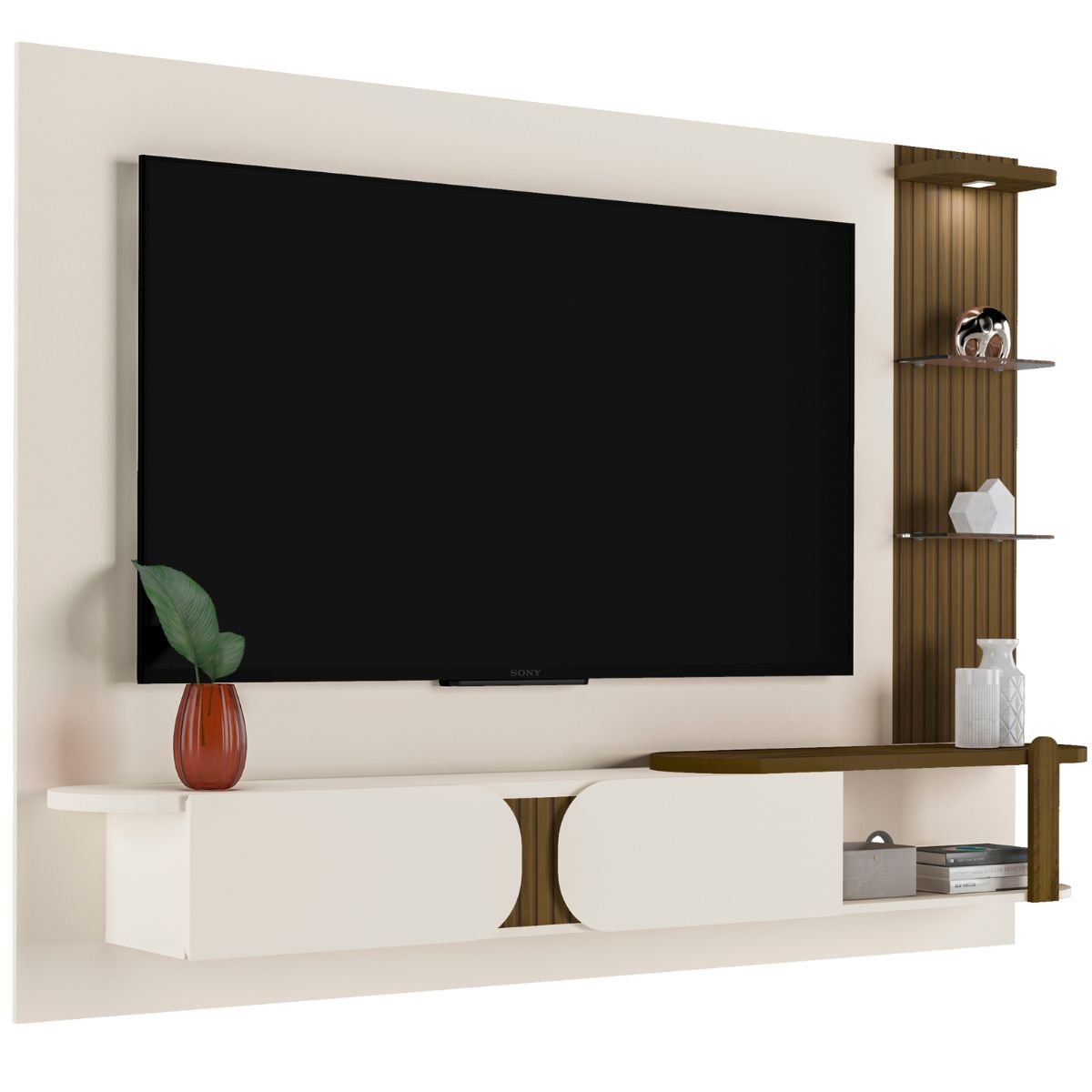 Painel Tv 72 Led e Prateleiras de Vidro Toronto Off White / Pinho