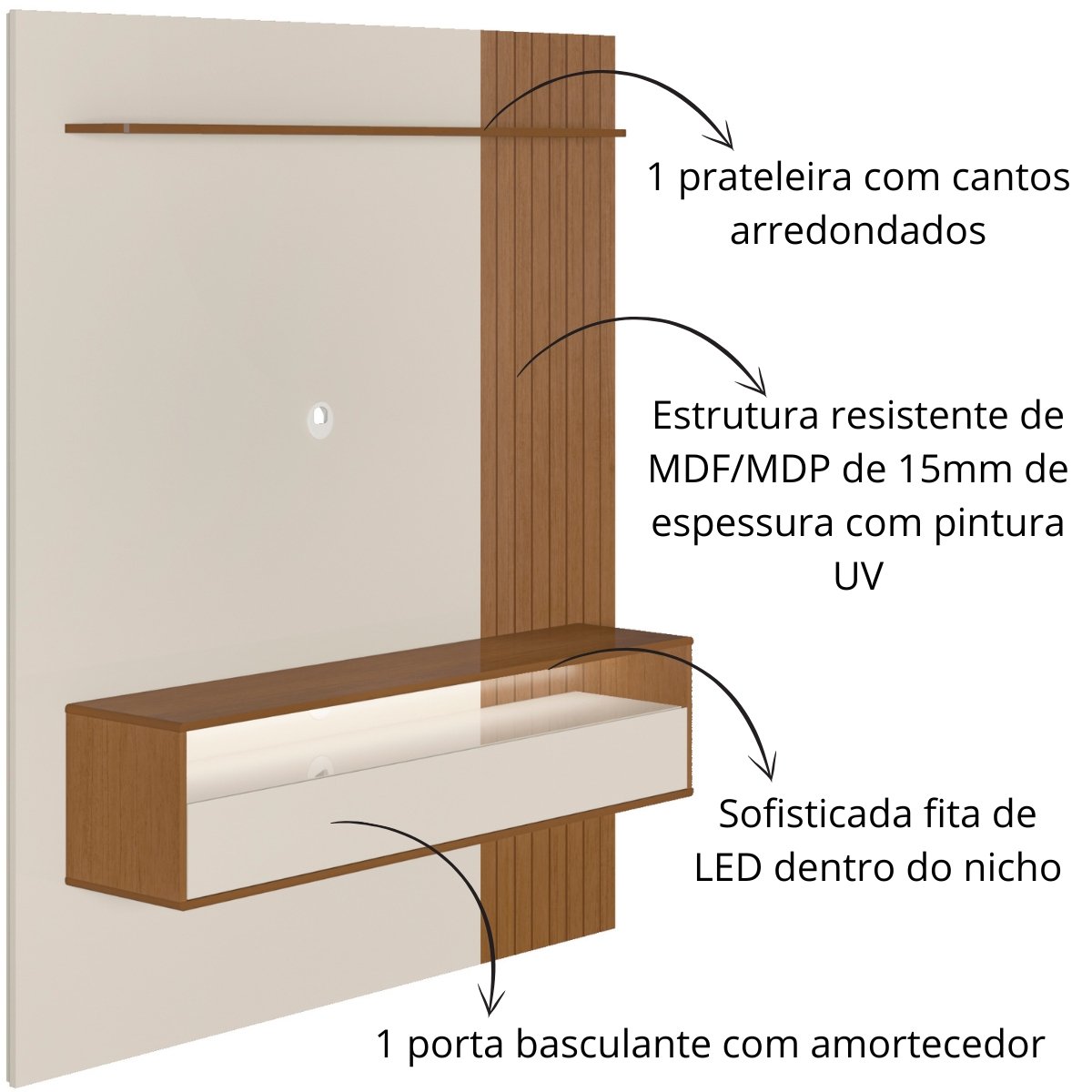 Painel para TV 65'' com Led Artely Matisse Cinamomo/Off White