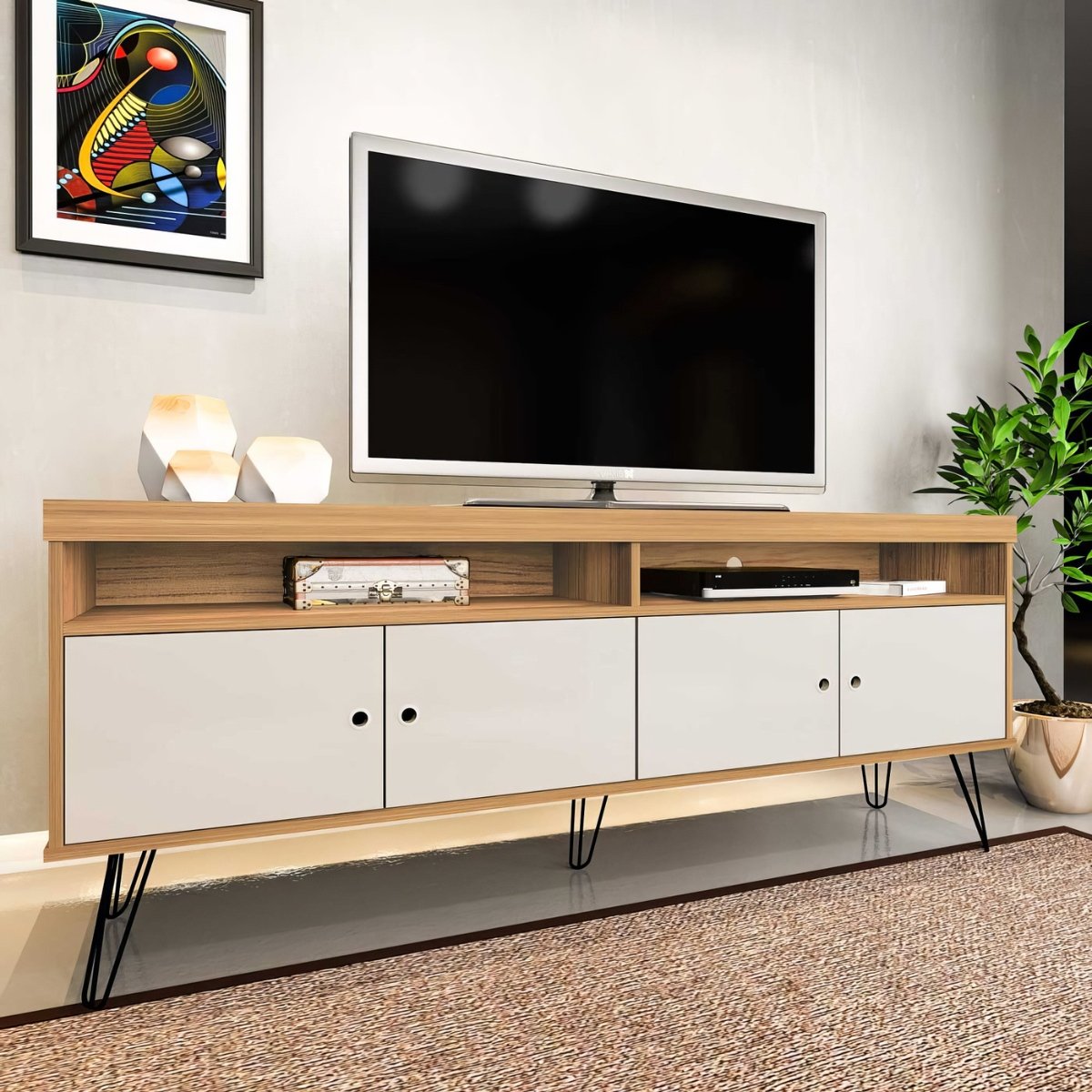 Rack Para Tv até 65" 4 Portas 2 Prateleiras e Nichos Liberty Carvalho/Off White