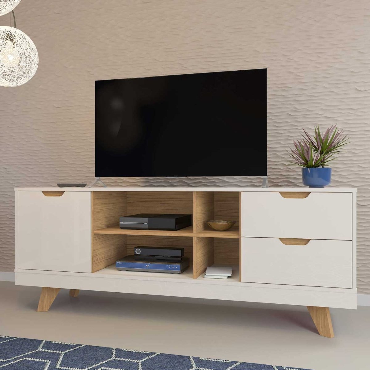 Rack Para Tv até 65" Michigan Com 2 Gavetas e 4 Nichos Off White/Carvalho