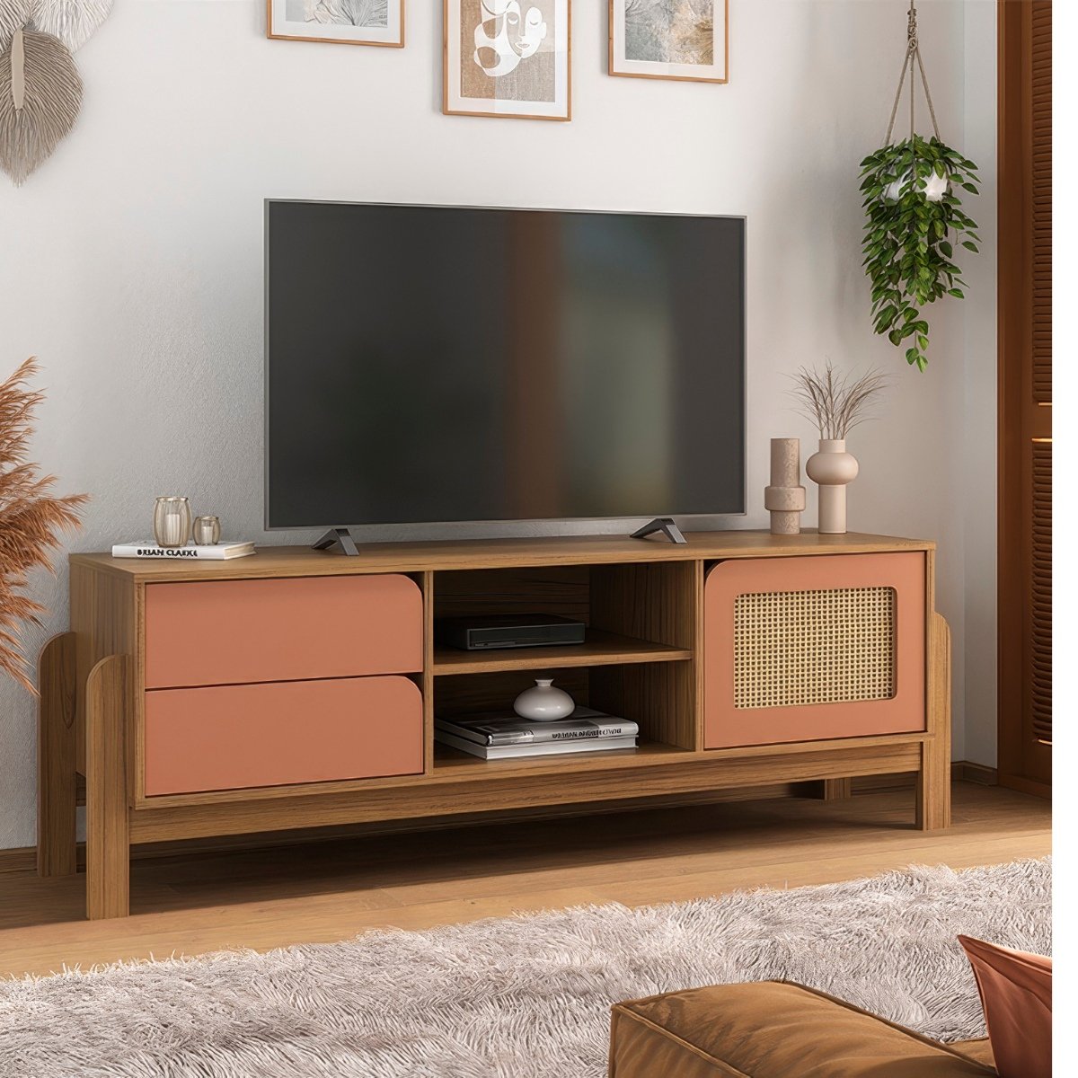 Rack Sala Tv 65" Nature c/ Gavetas Prateleiras e Porta Carvalho/ Terracota/ Palha