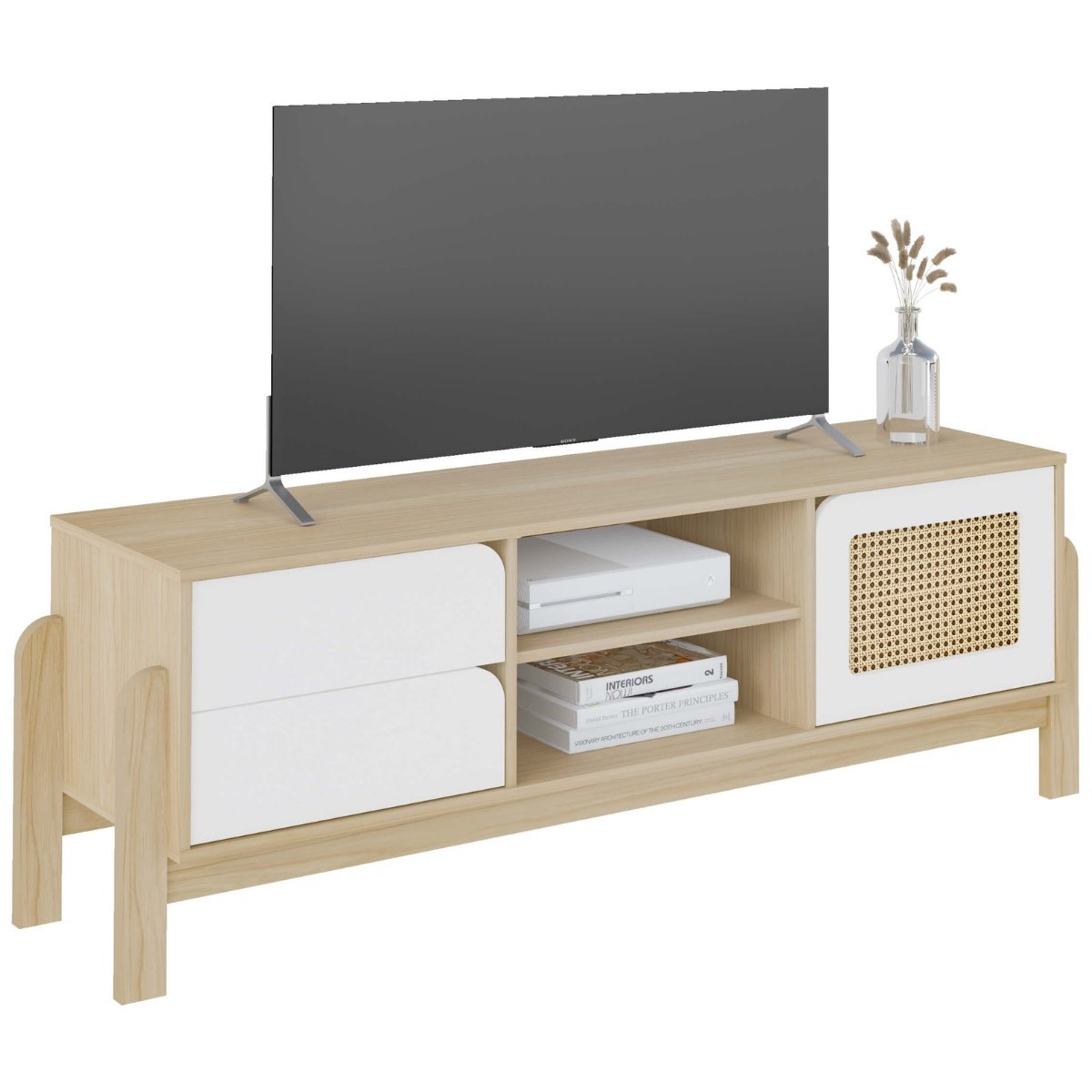 Rack Sala Tv 65" Nature c/ Gavetas Prateleiras e Porta Naturale/ Branco/ Palha