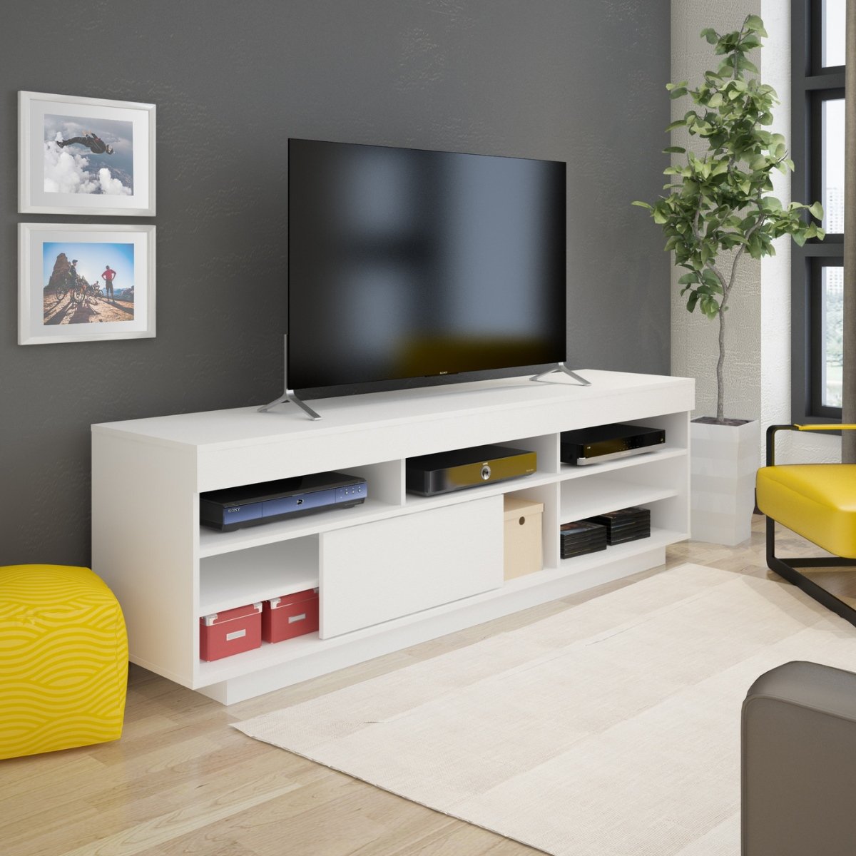 Rack Treviso Para Sala Tv 75" Com 6 Nichos Prateleira e Porta Branco