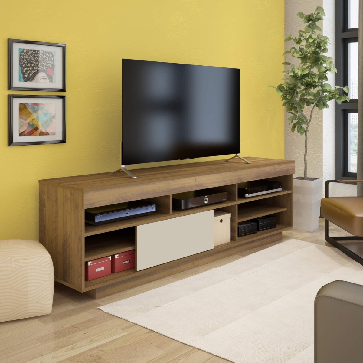 Rack Treviso Para Sala Tv 75" Com 6 Nichos Prateleira e Porta Pinho / Off White