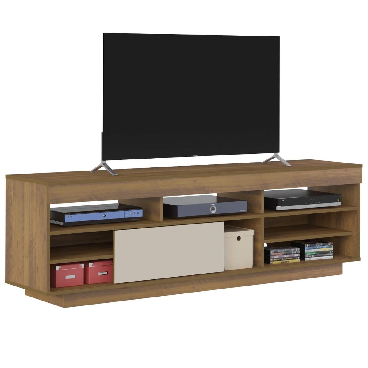 Rack Treviso Para Sala Tv 75" Com 6 Nichos Prateleira e Porta Pinho / Off White