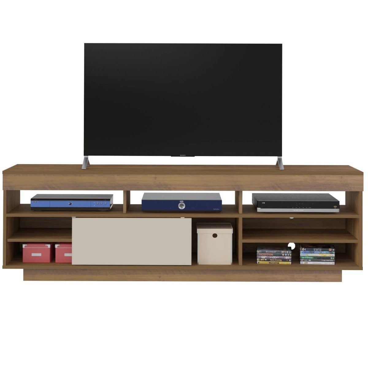 Rack Treviso Para Sala Tv 75" Com 6 Nichos Prateleira e Porta Pinho / Off White