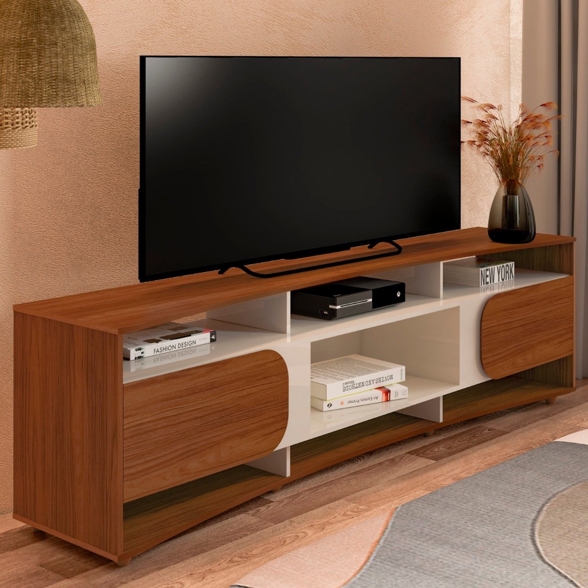 Rack Tv 85" Com 7 Nichos 2 Portas 2 Prateleiras Elegance Cedro / Off White
