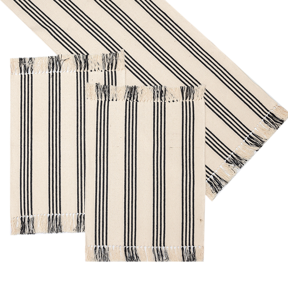 Caminho de Mesa Retangular 50x140 cm Listrado Bege e Preto
