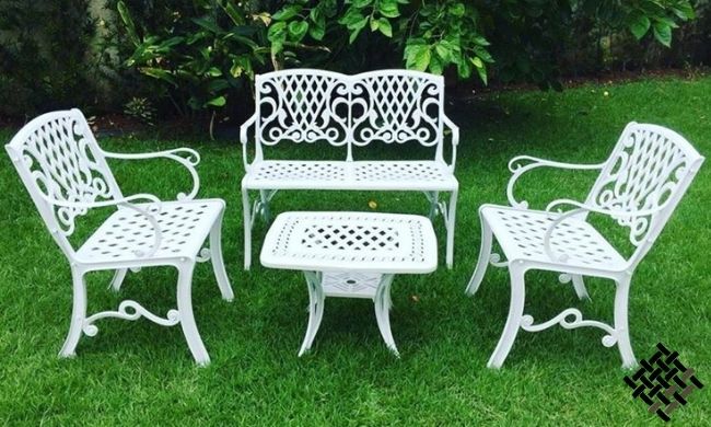 Conjunto Búzios (01 Mesinha + 02 Poltronas + 01 Banco 2 Lugares) Alumínio Fundido Jardim Varanda Piscina Área Gourmet Campo Artesane Móveis