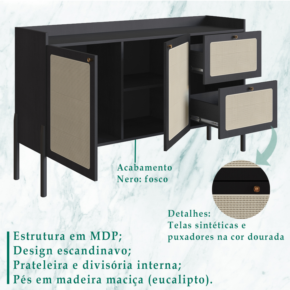 Aparador Balcao Buffet 139 Cm Pes Madeira 27969 Oslo Nero Artesano