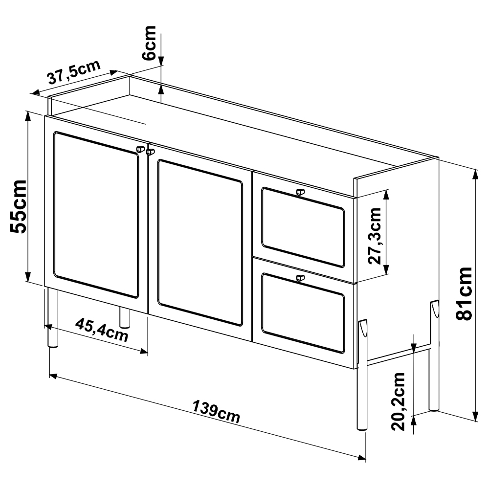Aparador Balcao Buffet 139 Cm Pes Madeira 27969 Oslo Nero Artesano