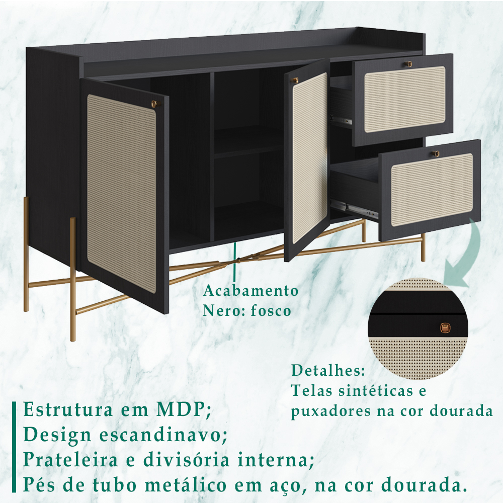Aparador Balcao Buffet 139 Cm Pes Metal 28969 Oslo Nero Artesano