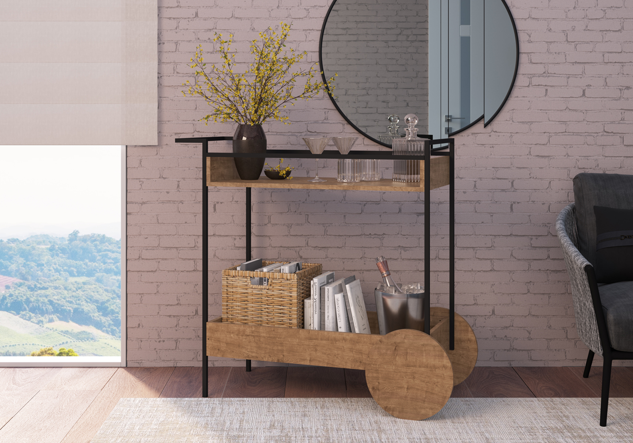 Aparador Bar Com Rodas Decorativas Steel Quadra 27853 Vermont Preto Fosco Artesano