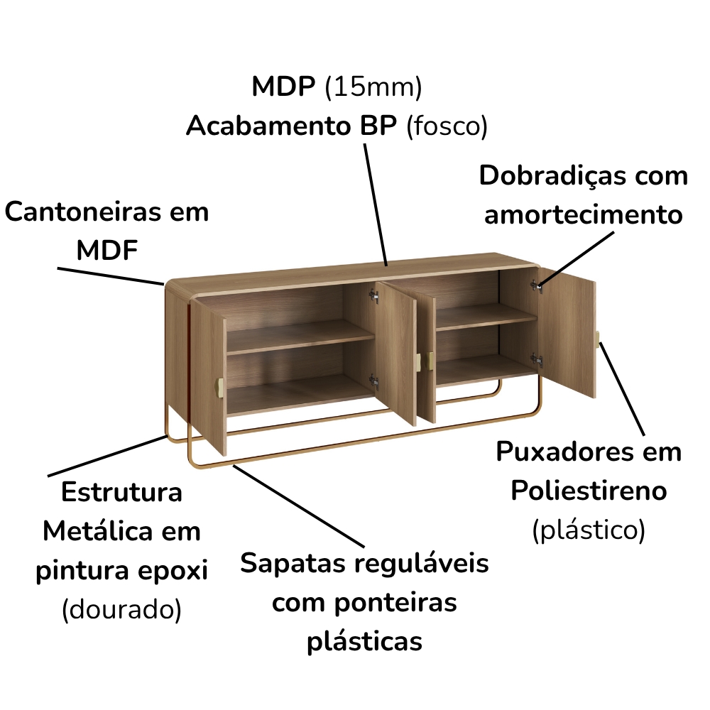 Buffet Aparador Organico 4 Portas 180 cm 28075 Hanover Dourado Artesano