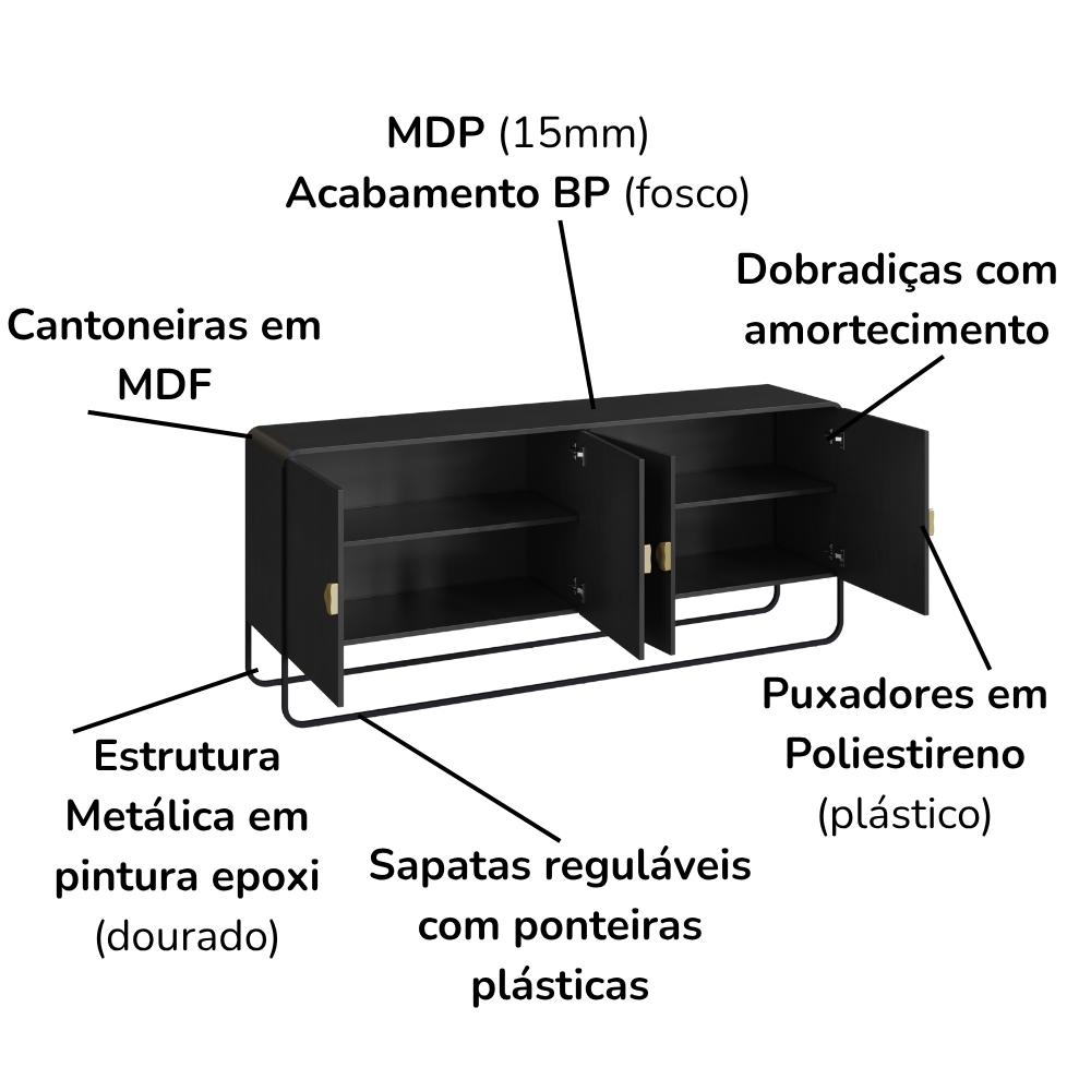 Buffet Aparador Organico 4 Portas 180 cm 28075 Nero Preto Artesano