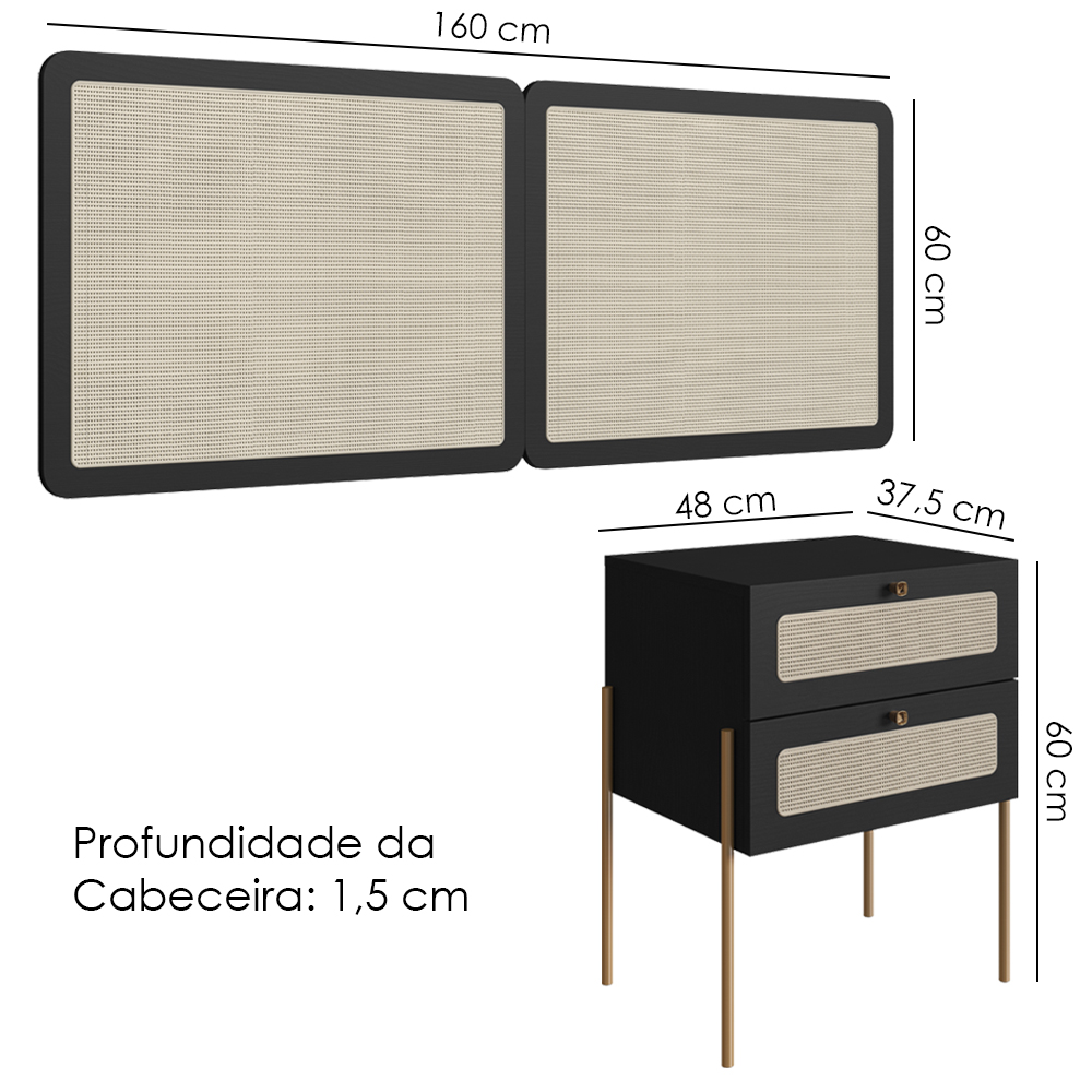 Cabeceira Casal 160 cm 02 Mesas Cabeceira Palinha 28978 Nero Dourado Artesano