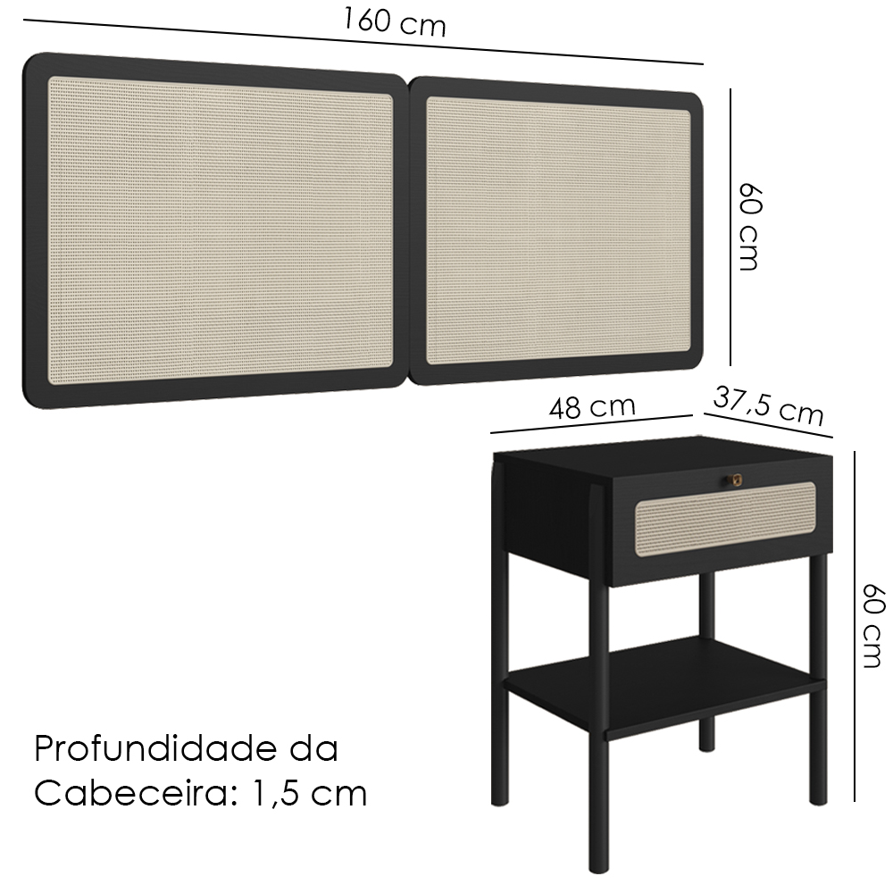 Cabeceira Casal e 2 Mesas Cabeceira Palinha 27977 Nero Preto Artesano