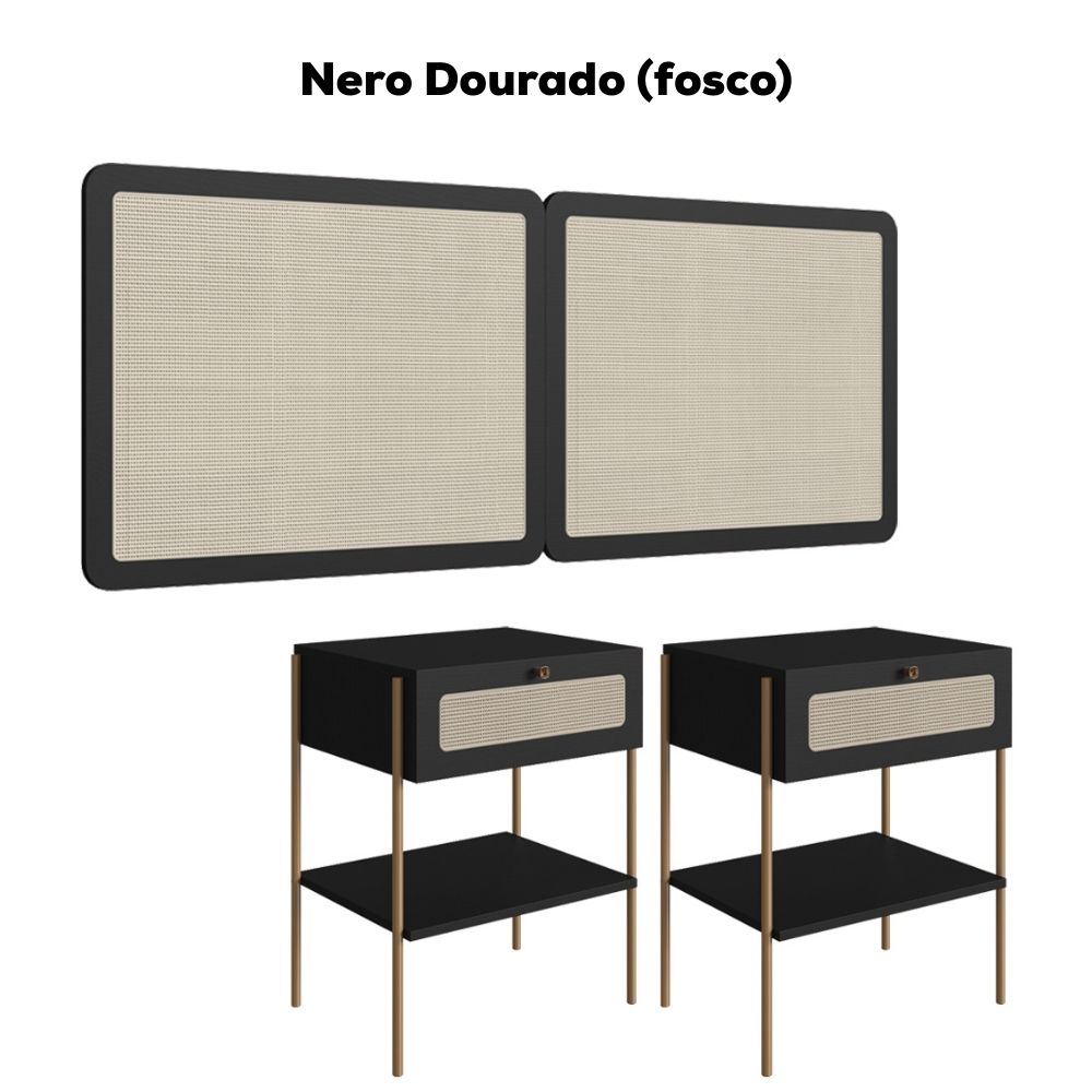 Cabeceira Casal e 2 Mesas Cabeceira Palinha 28977 Nero Dourado Artesano