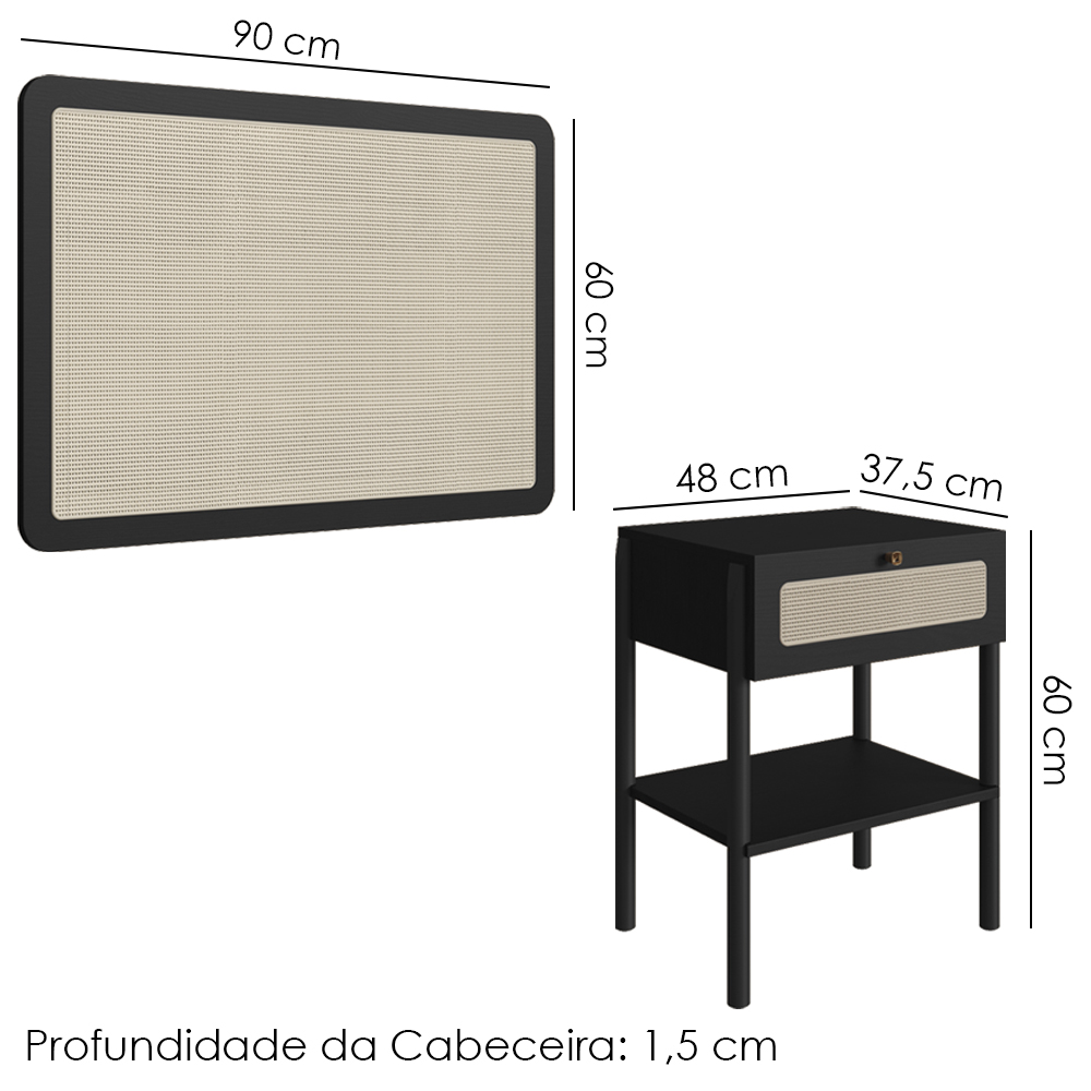 Cabeceira Solteiro e Mesa Cabeceira Palinha 27975 Nero Preto Artesano