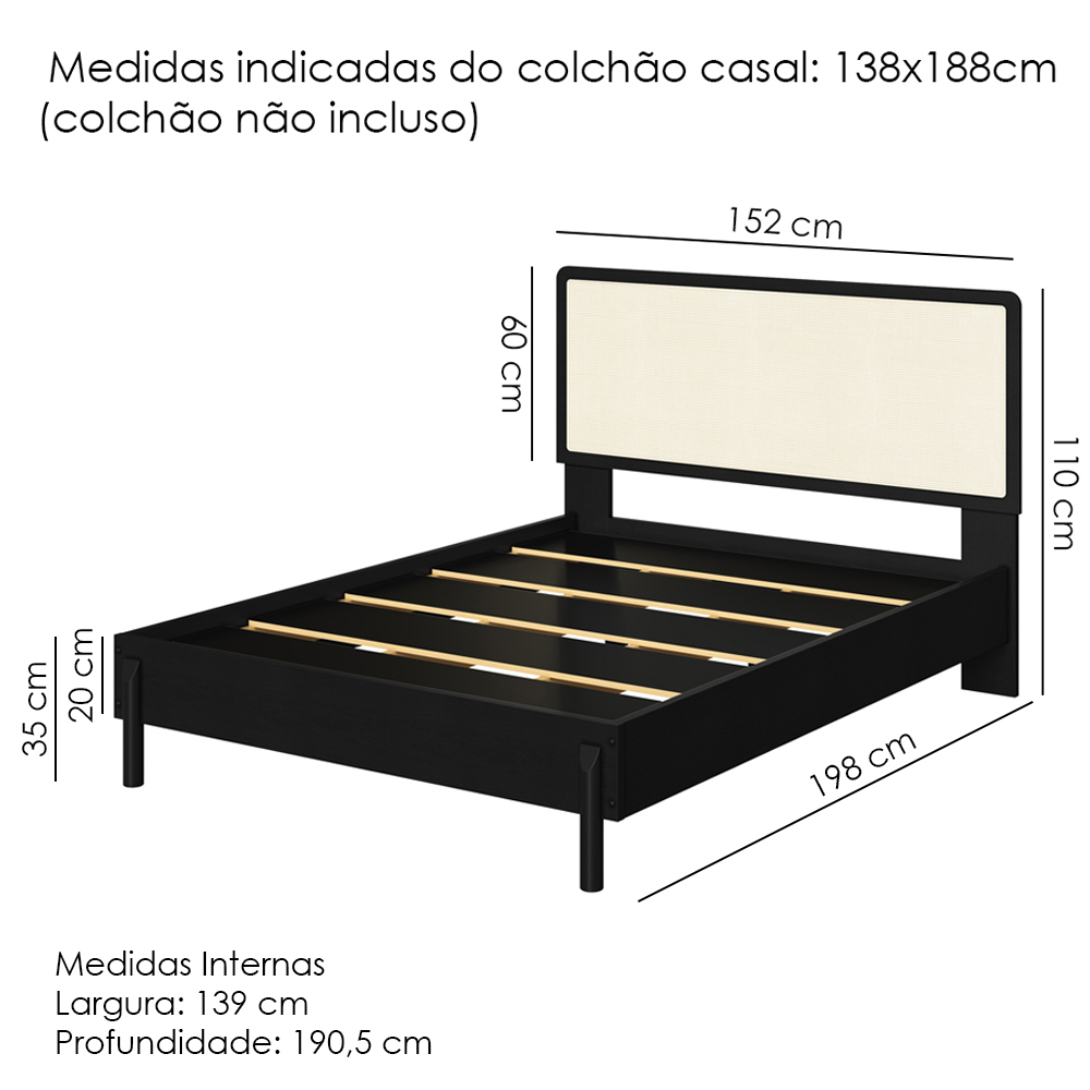 Cama Casal Palhinha Oslo 27055 Pes Madeira 152 cm Nero Artesano