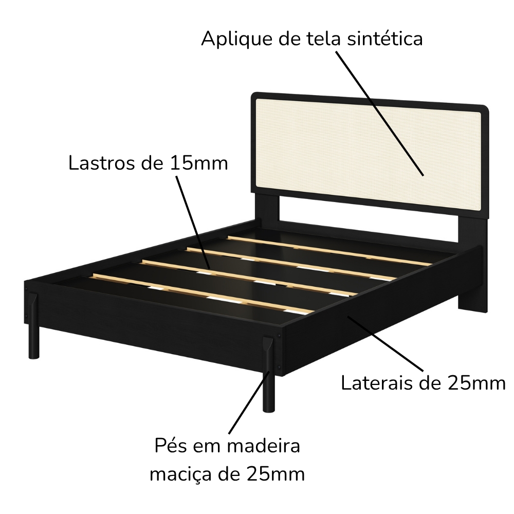 Cama Casal Palhinha Oslo 27055 Pes Madeira 152 cm Nero Artesano
