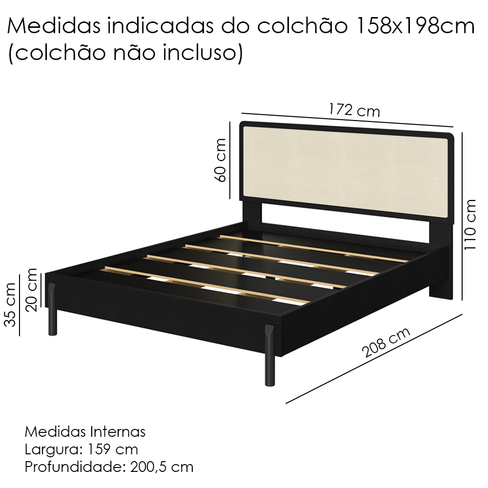 Cama Quenn Palhinha Oslo 27056 Pes Madeira 152 cm Nero Artesano