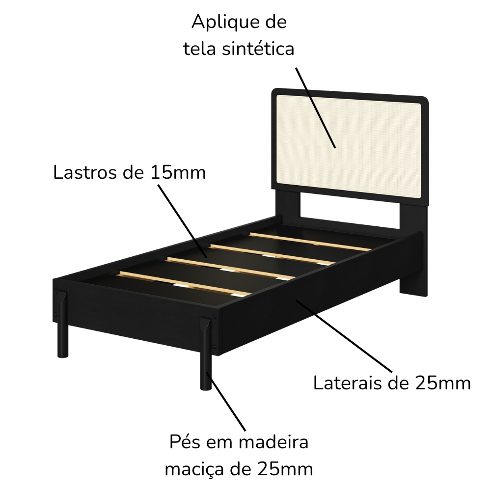Cama Solteiro Palhinha Oslo 27058 Pes Madeira 102 cm Nero Artesano