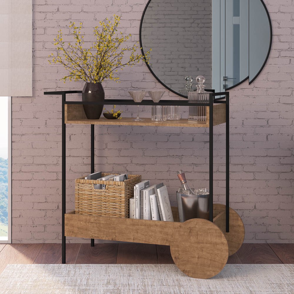 Carrinho Bar 2 Caixas Com Rodízios  Estilo Industrial Steel Quadra Vermont Base Preta - Artesano